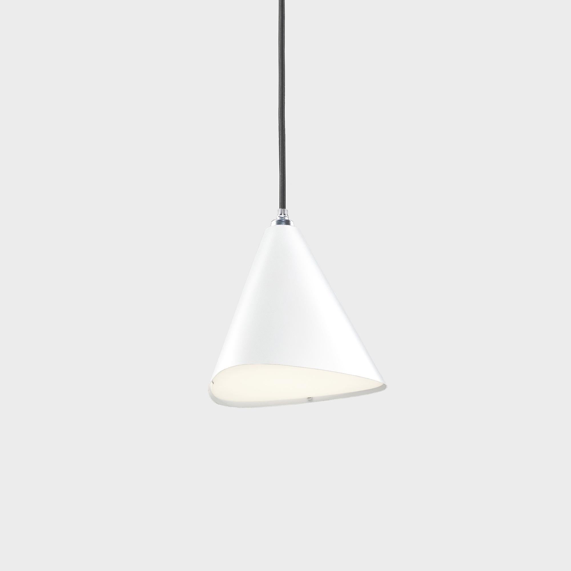 Daniel Becker 'Emily III' pendant lamp in matte white for Moss Objects. Designed by Berlin luminary Daniel Becker and handmade to order using mid-century manufacturing techniques. Executed in high-quality sheet metal with up to ten layers glossy or