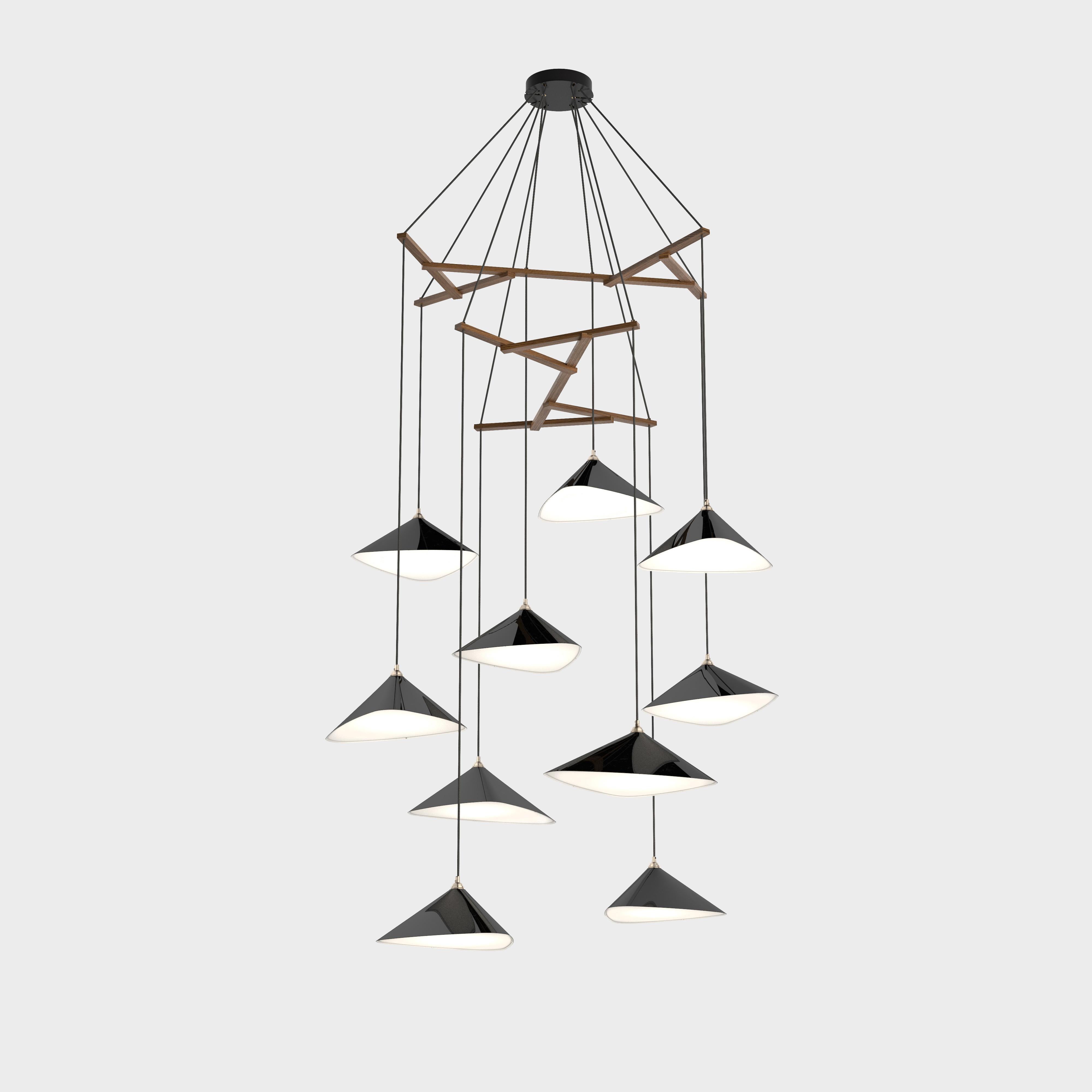 Mid-Century Modern Daniel Becker 'Emily Vertikal 10' Chandelier in Gloss Black with Oak Frame For Sale