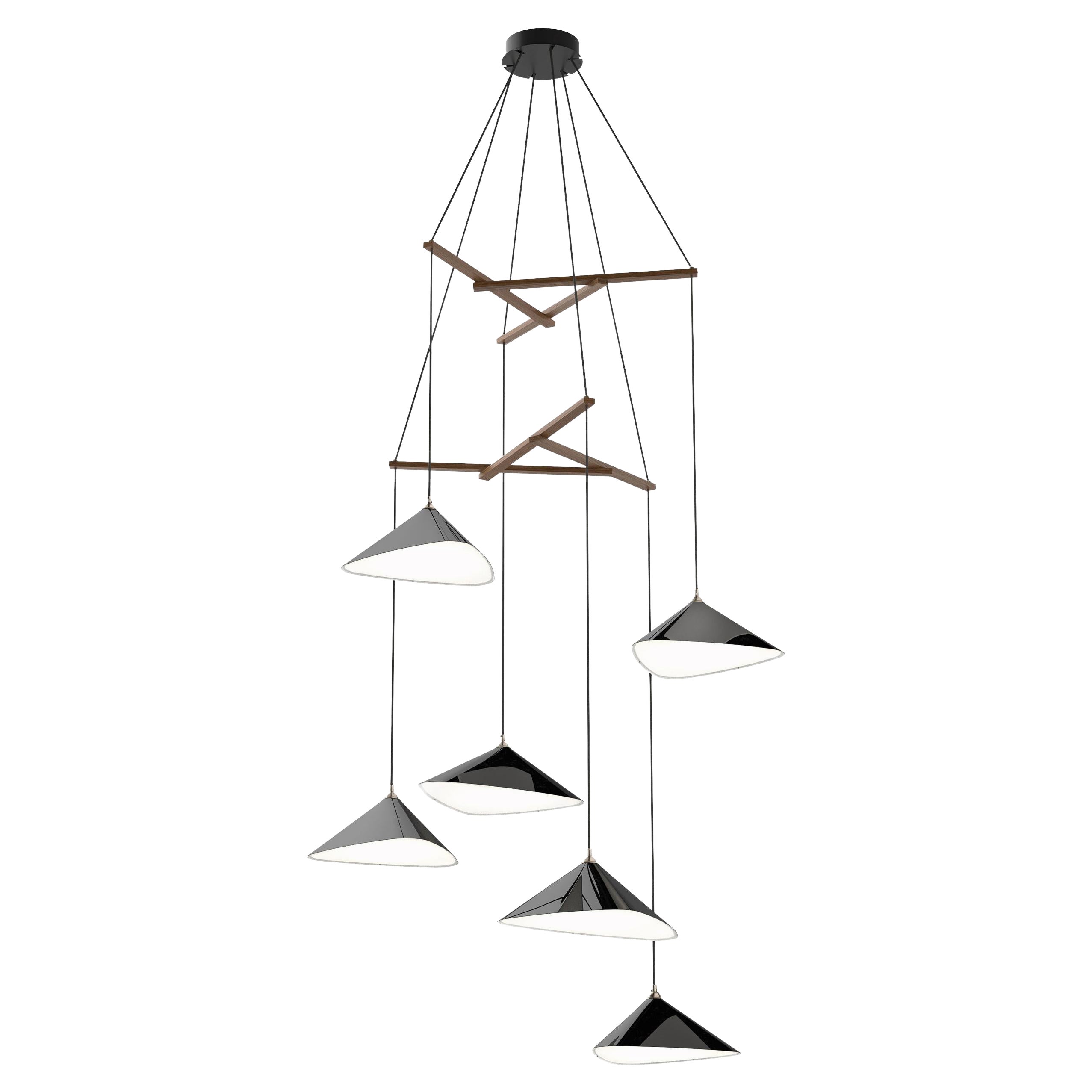 'Emily Vertikal 6' Chandelier in Gloss Black and Oak for Moss Objects For Sale