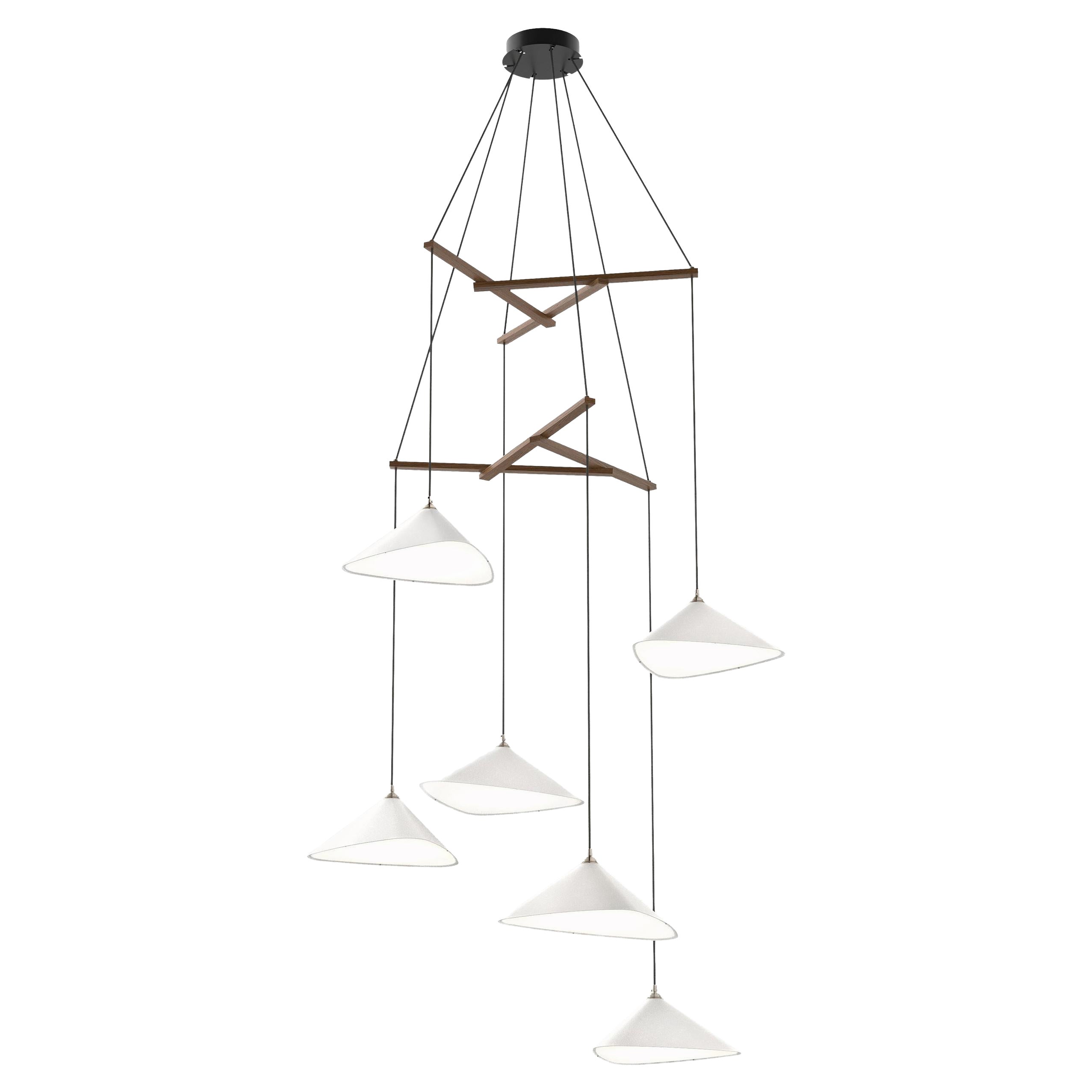 'Emily Vertikal 6' Chandelier in White Semi Matte and Oak for Moss Objects