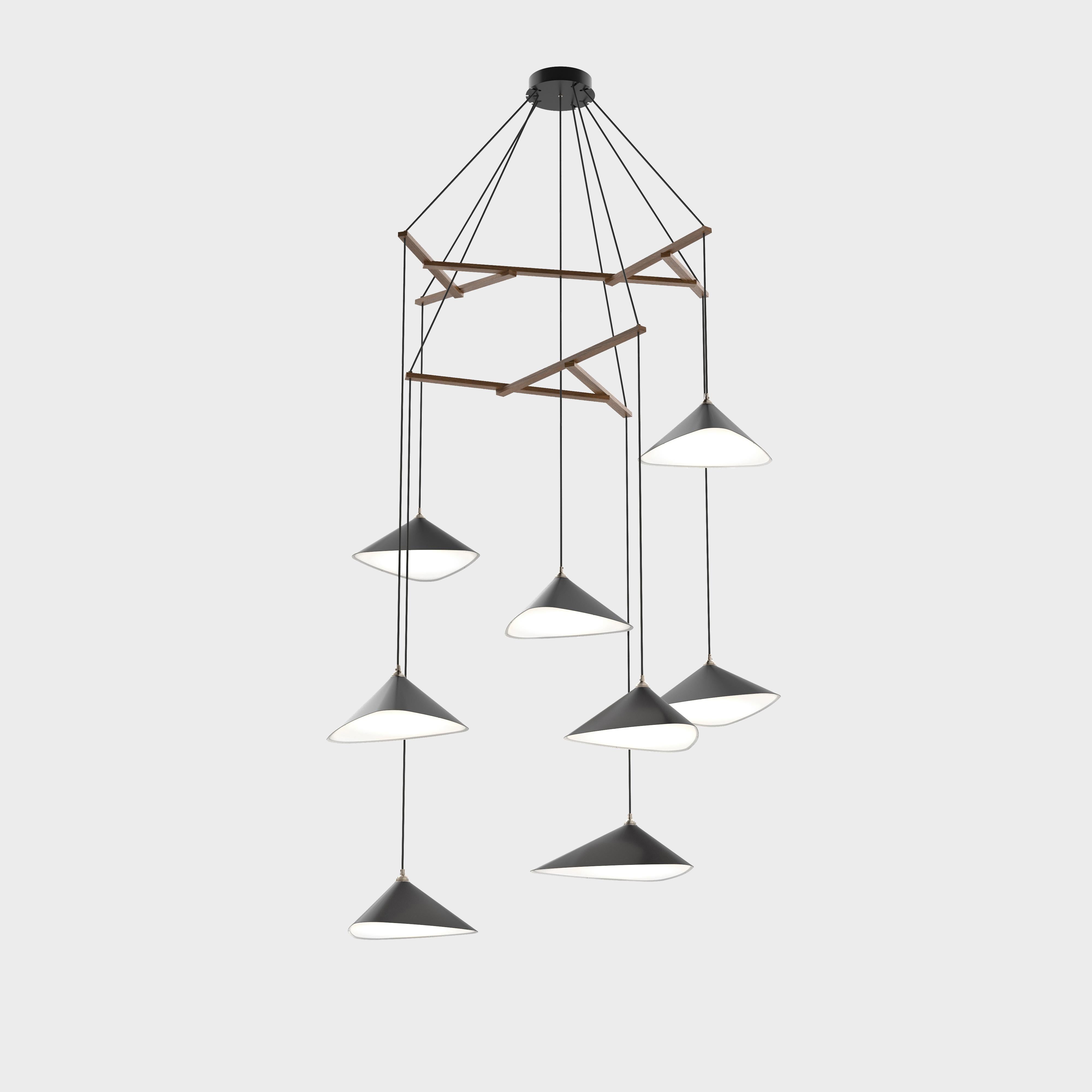 Metal Daniel Becker 'Emily Vertikal 8' Chandelier in Gloss Black/Oak for Moss Objects For Sale