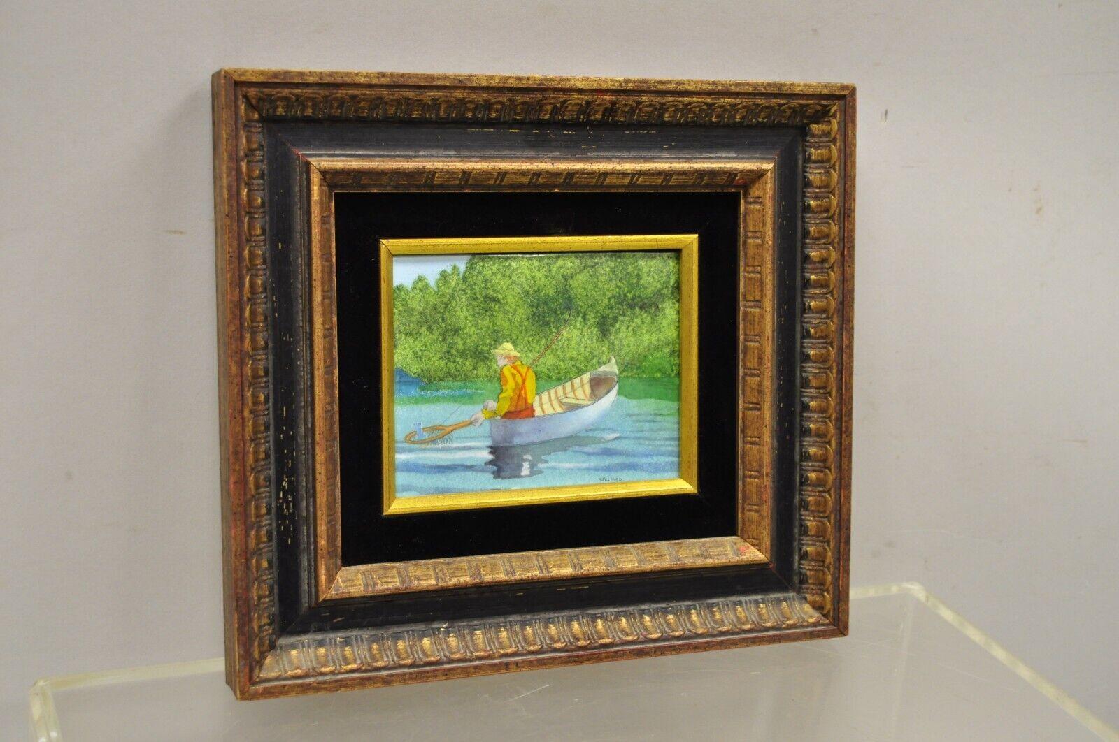 Daniel Belliard Enamel on Copper Small Framed Painting Fisherman in Boat on Lake For Sale 5