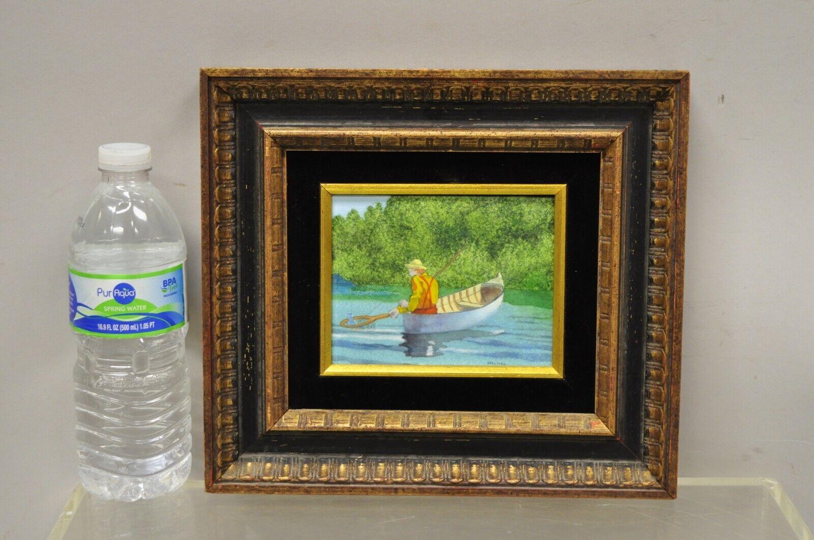 Daniel Belliard Enamel on copper small framed painting fisherman in boat on lake. Item features an enamel on copper painting, distressed wooden frame, artist signature to bottom right corner, beautiful subject and color. Circa Late 20th
