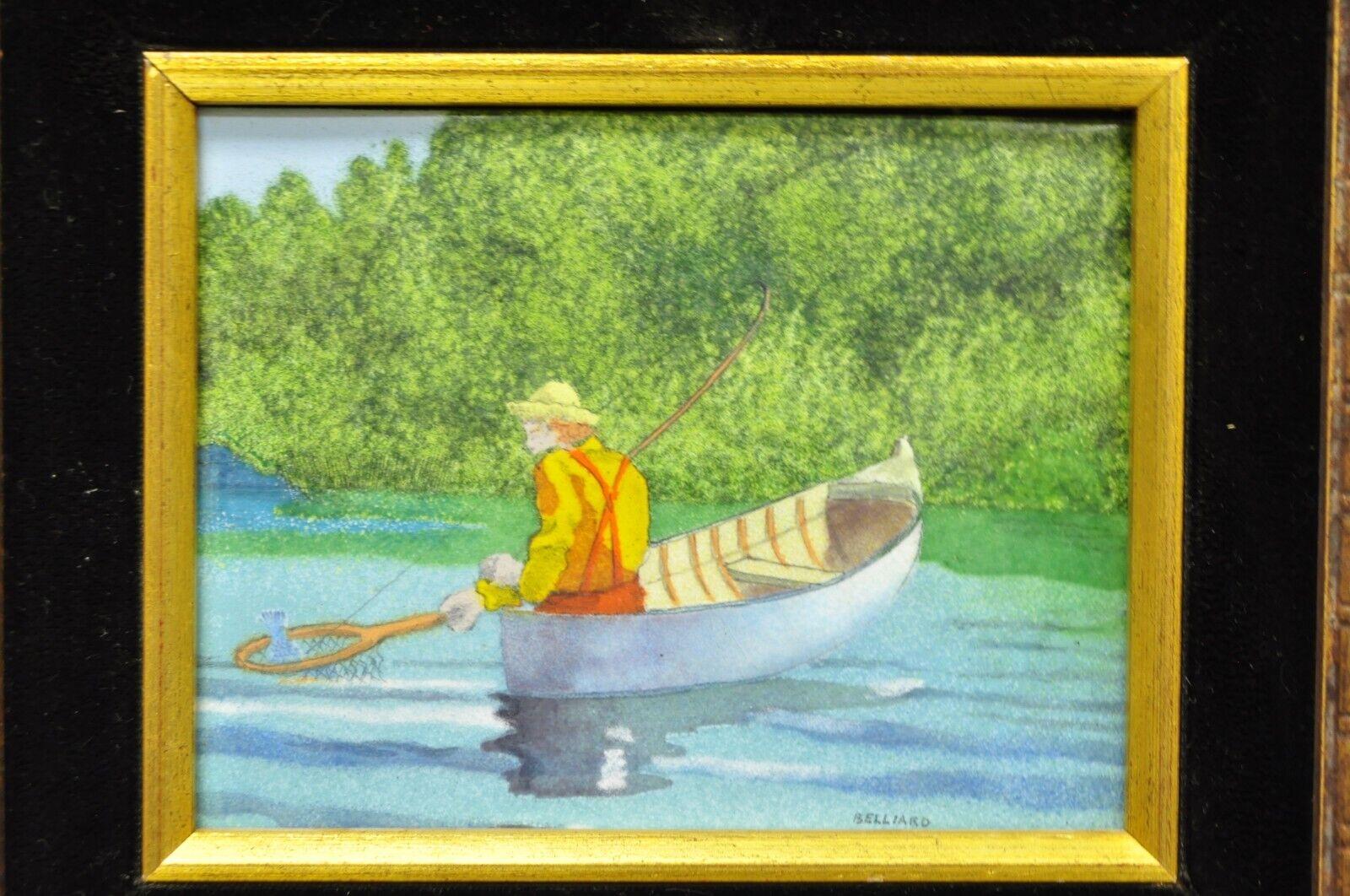 Modern Daniel Belliard Enamel on Copper Small Framed Painting Fisherman in Boat on Lake For Sale