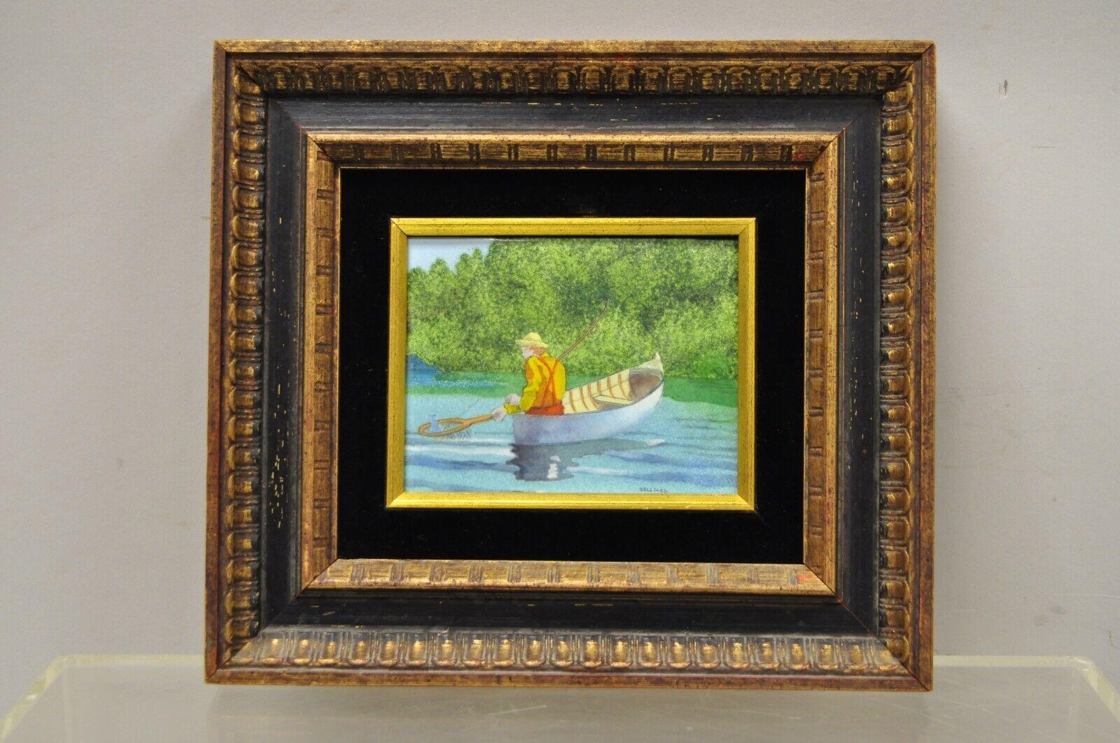 Daniel Belliard Enamel on Copper Small Framed Painting Fisherman in Boat on Lake For Sale 3