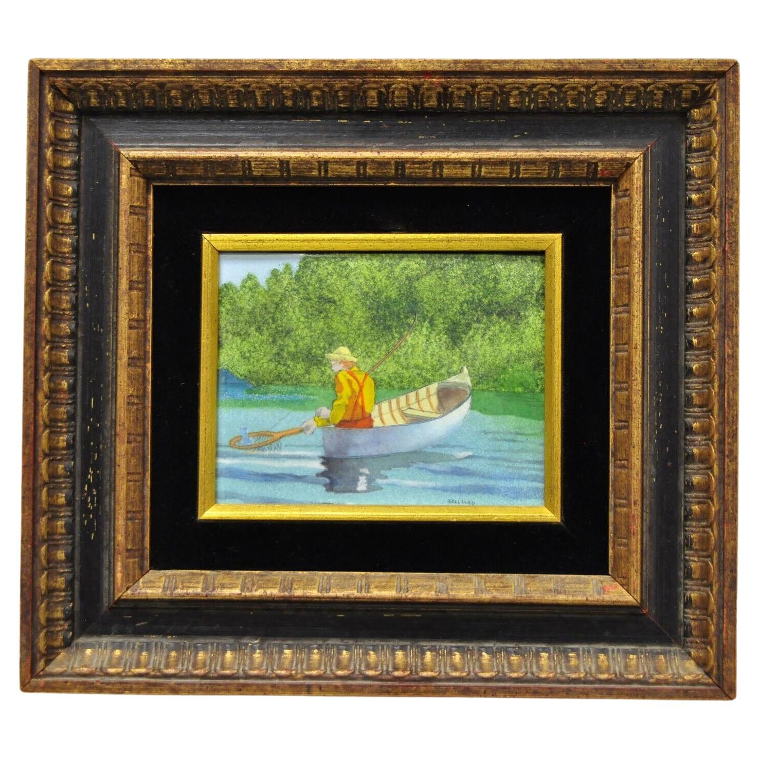 Daniel Belliard Peinture en émail sur cuivre encadrée représentant un pêcheur en bateau sur un lac