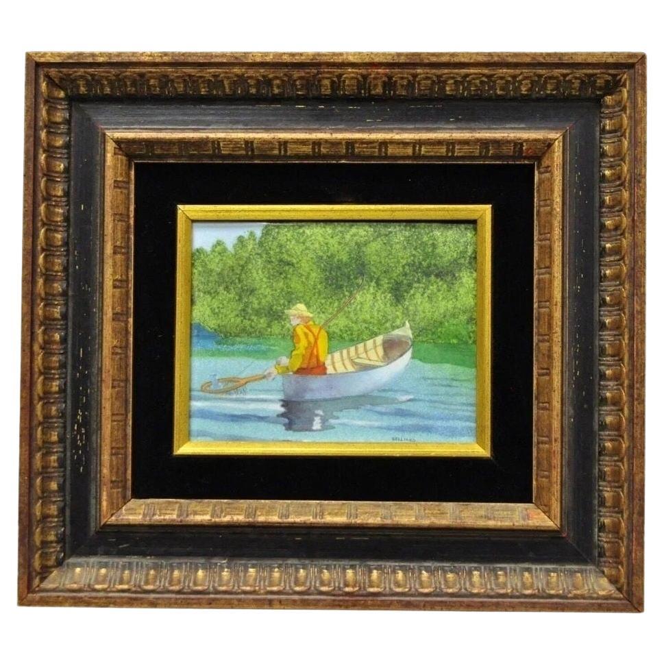Daniel Belliard Emaille auf Kupfer Kleines gerahmtes Gemälde Fischer im Boot auf dem See im Angebot