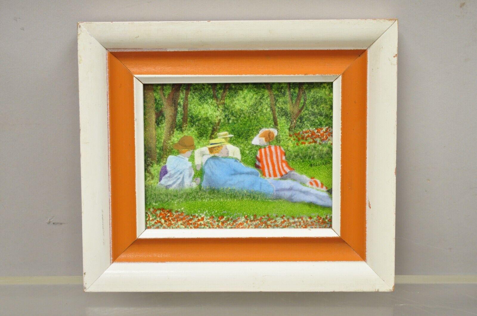 Daniel Belliard Enamel on Copper Small Framed Painting Friends Lounging in Grass 5