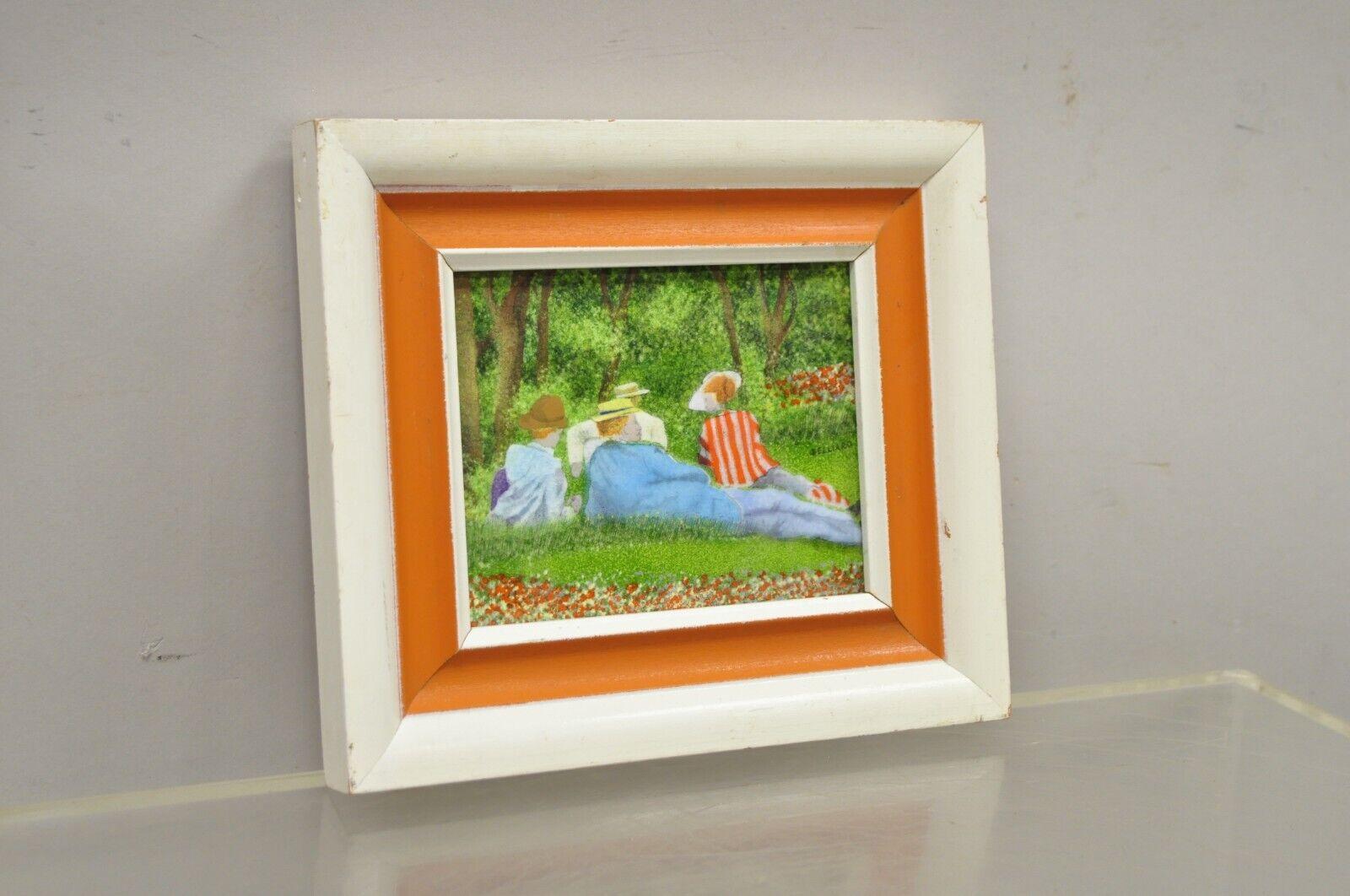 Daniel Belliard Enamel on copper small framed painting friends lounging in grass. Item features an Enamel on copper painting, wooden frame, artist signature to bottom right corner, beautiful subject and color. Circa Late 20th Century.
Measurements: