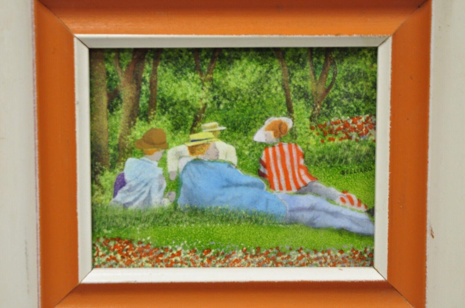 Modern Daniel Belliard Enamel on Copper Small Framed Painting Friends Lounging in Grass