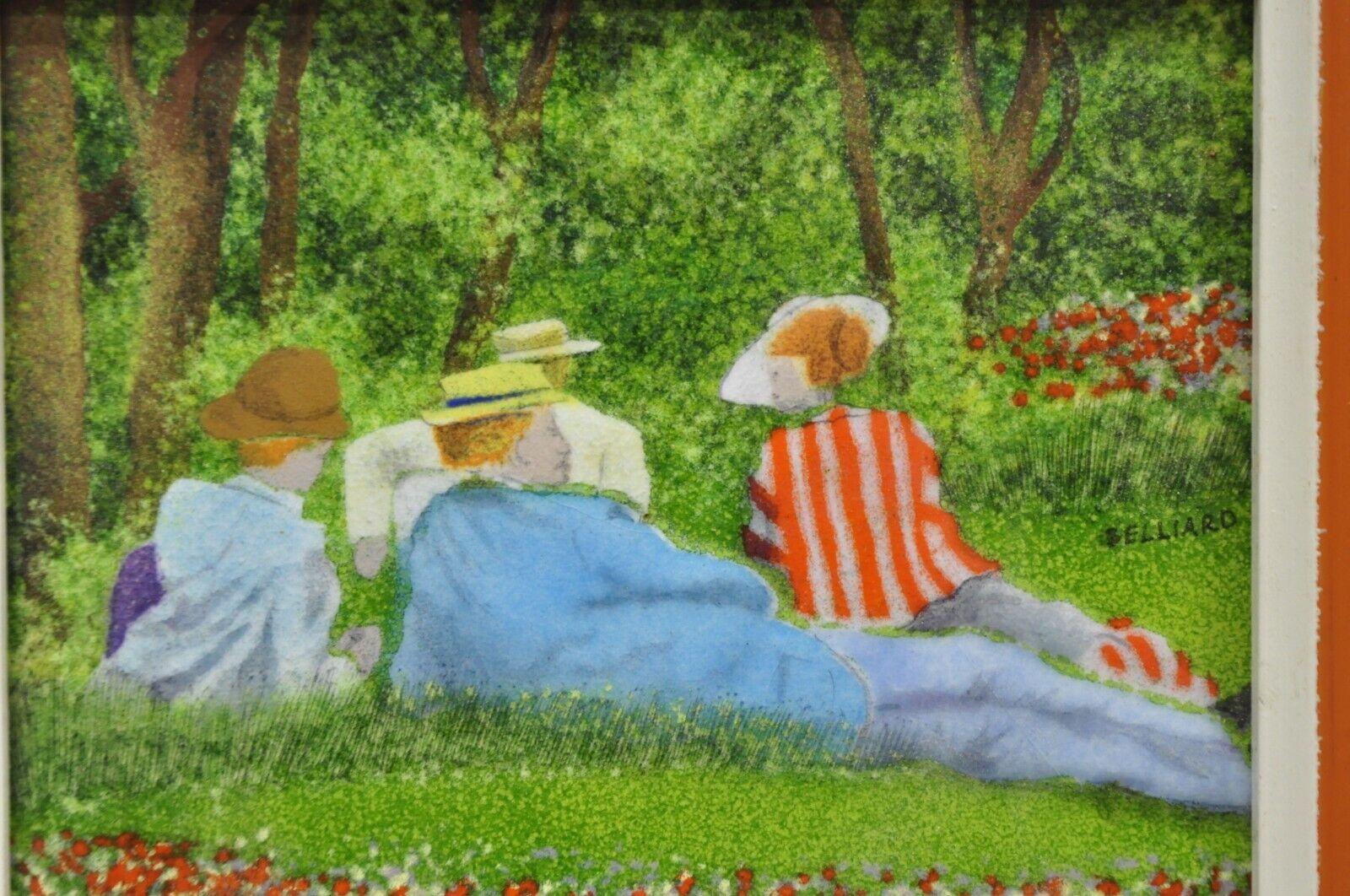 Daniel Belliard Enamel on Copper Small Framed Painting Friends Lounging in Grass In Good Condition In Philadelphia, PA