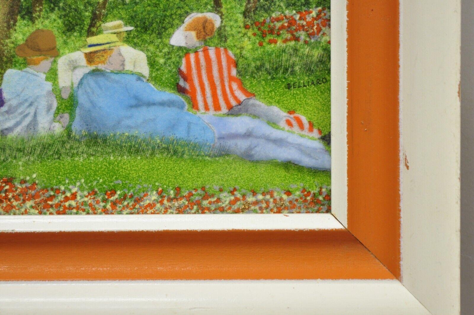 20th Century Daniel Belliard Enamel on Copper Small Framed Painting Friends Lounging in Grass