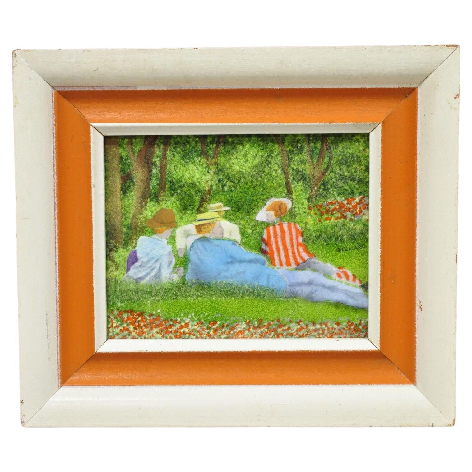 Daniel Belliard Enamel on Copper Small Framed Painting Friends Lounging in Grass