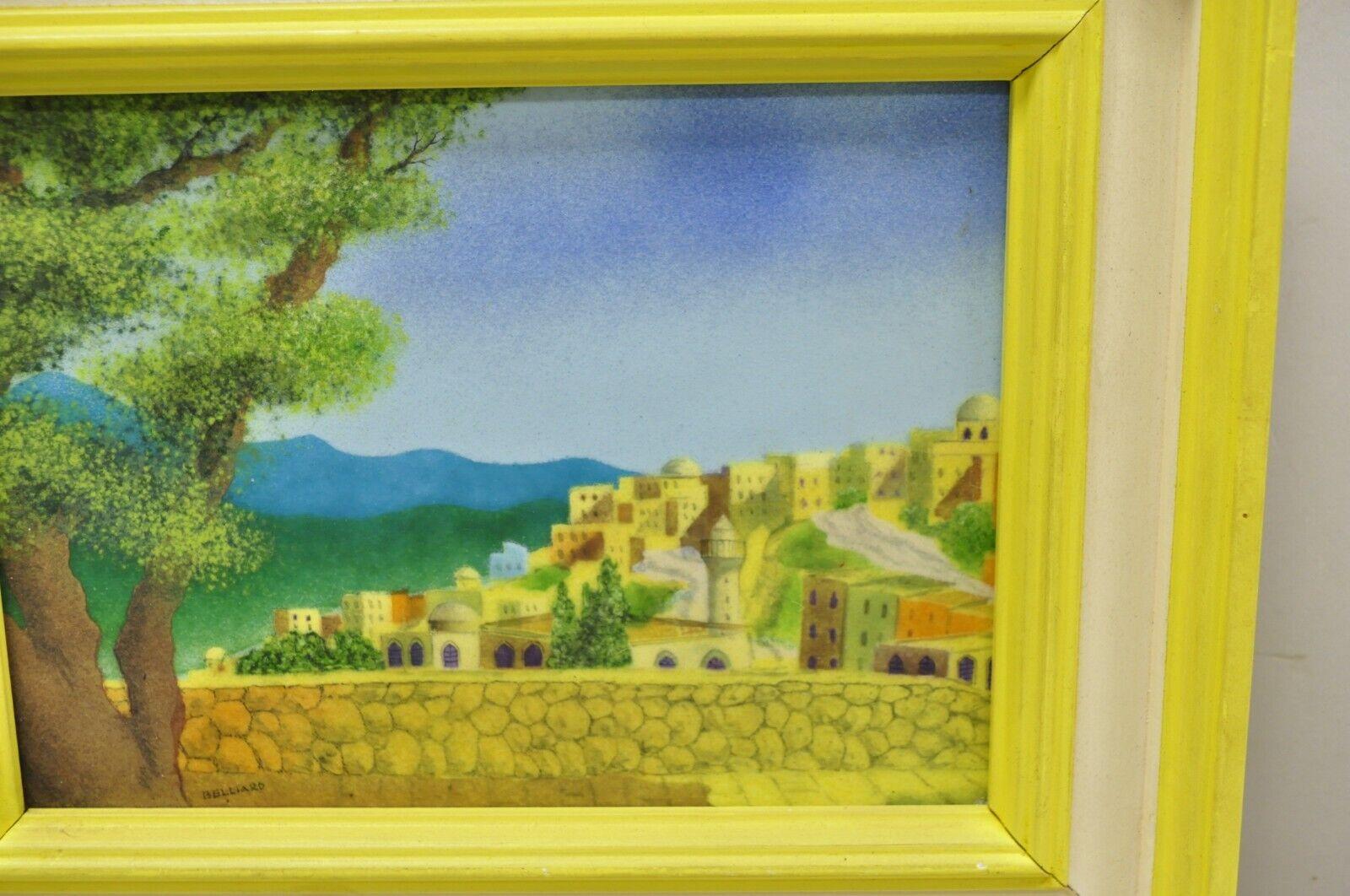 Moderne Petite peinture encadrée jaune de la campagne en émail sur cuivre Daniel Belliard en vente