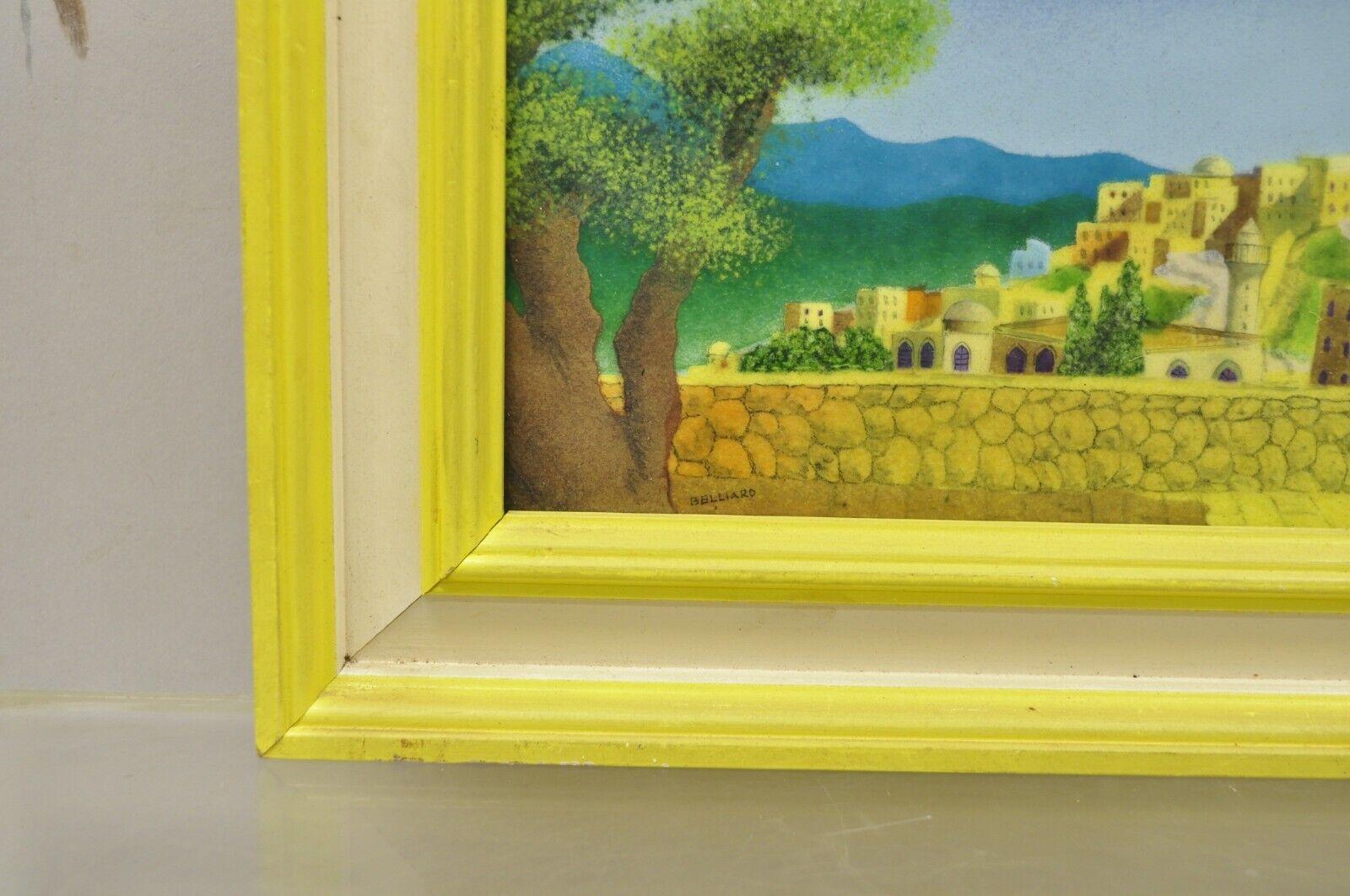 Cuivre Petite peinture encadrée jaune de la campagne en émail sur cuivre Daniel Belliard en vente
