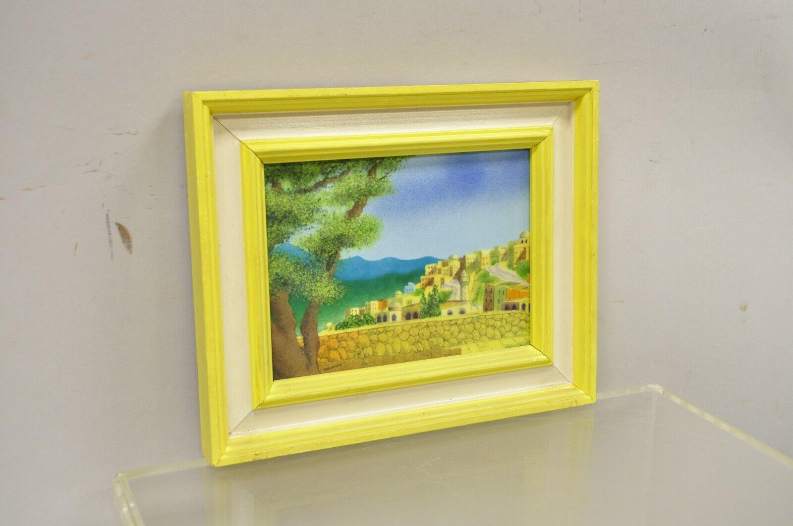 Petite peinture encadrée jaune de la campagne en émail sur cuivre Daniel Belliard en vente 1