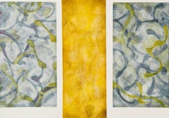 "Good Health", abstract aquatint, sugarlift print, blue, green, yellow, ochre.