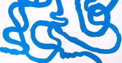 „Nudo azul I“, blauer Knoten, abstrakt, Papiermalerei, Wandgemälde, Polyptychon, organisch
