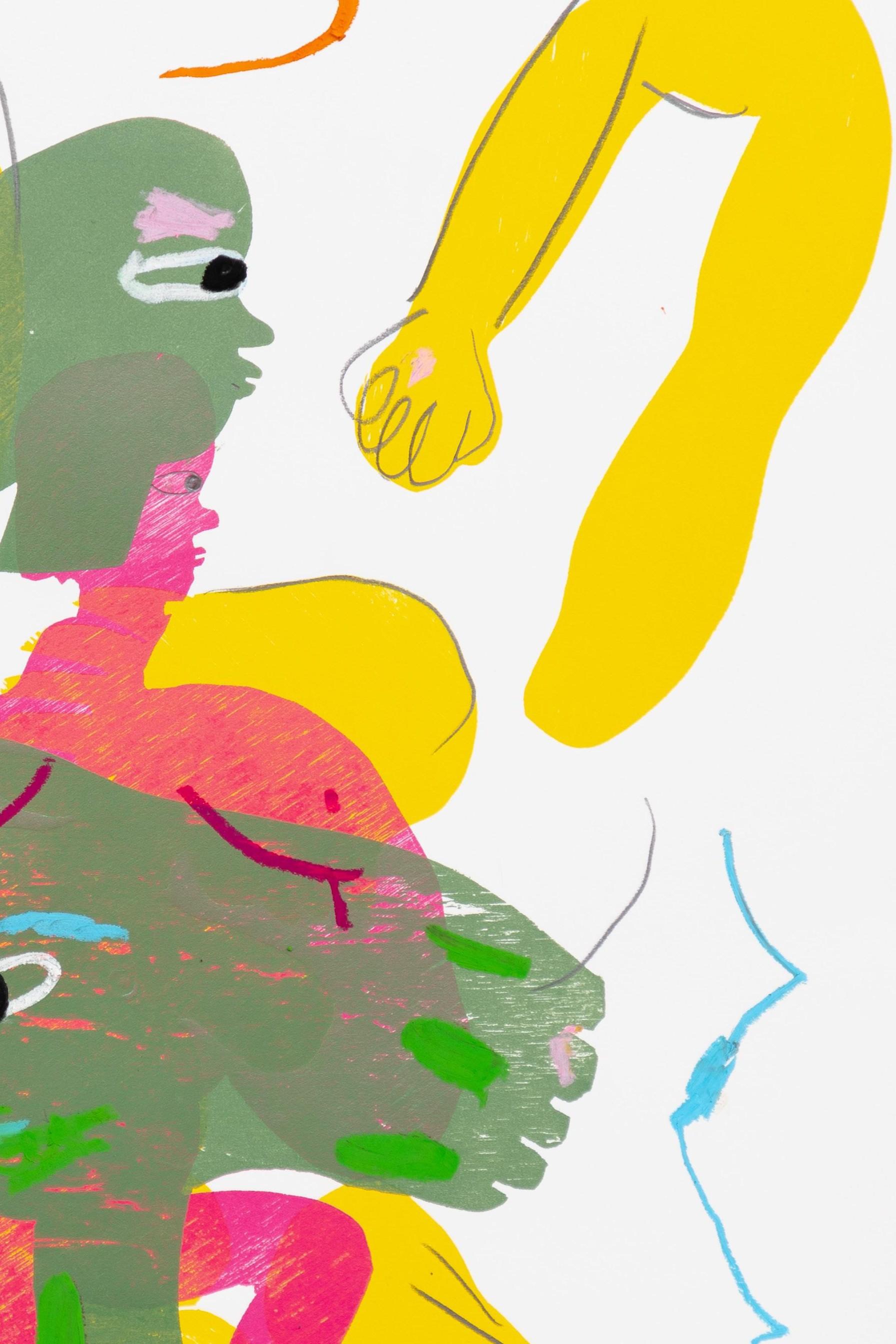 Es una obra única sobre papel que combina xilografía, grafito y pastel al óleo. Mide 89,5 × 58,5 cm y presenta una forma humana fragmentada y superpuesta en vibrantes amarillos, verdes, rosas y rojos. Las líneas enérgicas y las marcas gestuales