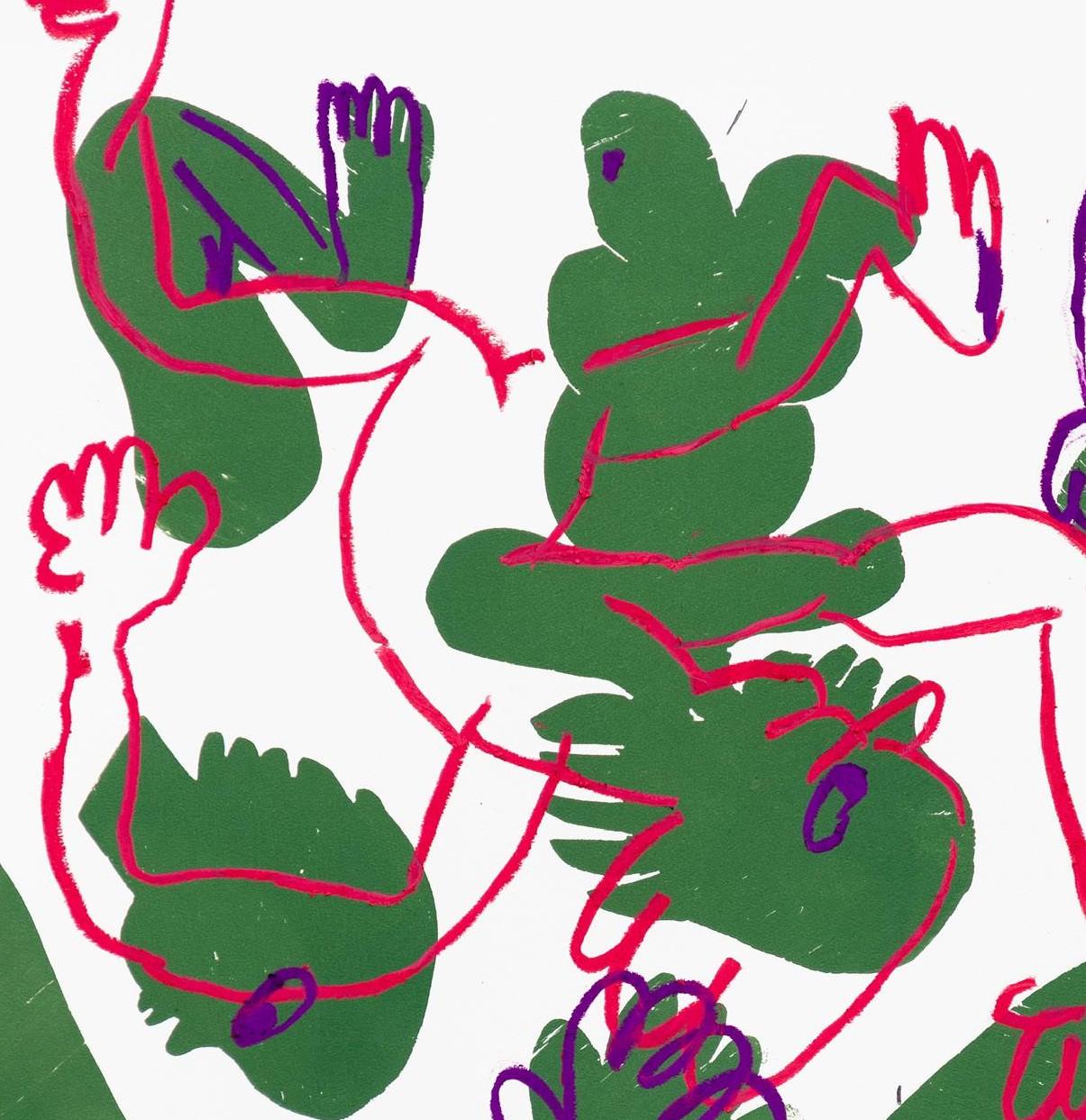 V2, mezcla xilografía, grafito y pastel al óleo sobre papel para crear una sorprendente composición de figuras entrelazadas y abstractas. La obra presenta atrevidas siluetas verdes superpuestas con líneas fluidas dibujadas a mano en rojo y morado