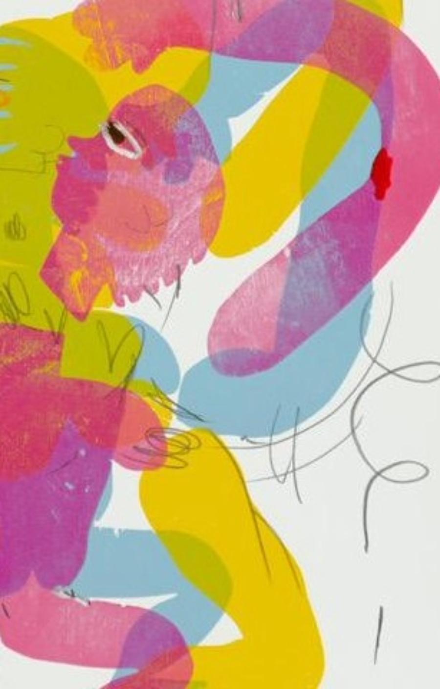 Presenta siluetas superpuestas en rosa luminoso y amarillo intenso, entrelazadas con gestuales líneas azules. La interacción de colores y formas sugiere el movimiento rítmico, la transformación corporal y la fluidez de la interacción humana. Cada