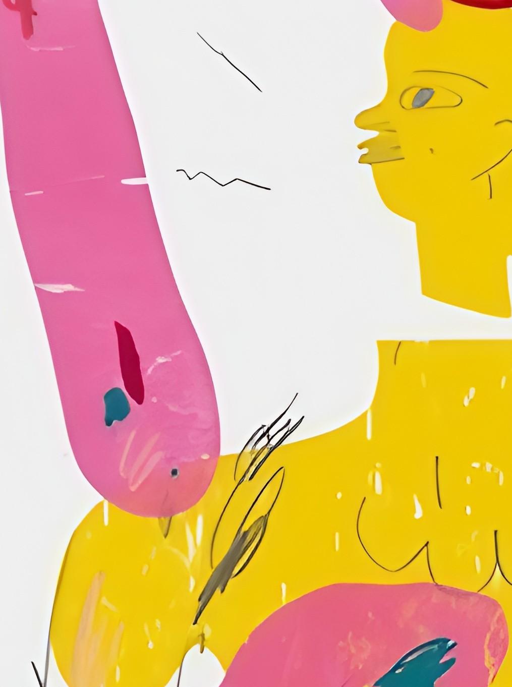 Es zeigt überlappende Silhouetten in leuchtendem Pink und tiefem Gelb, die mit gestischen roten und blauen Linien verwoben sind. Das Zusammenspiel von Farbe und Form suggeriert rhythmische Bewegung, körperliche Verwandlung und die Fließfähigkeit