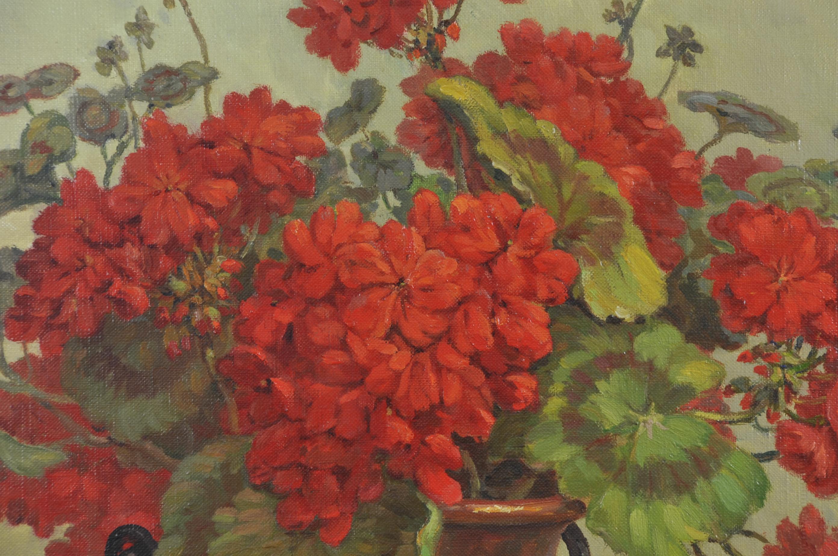 Daniel Bidon, Oil on Canvas, the Geraniums In Excellent Condition For Sale In BARSAC, FR