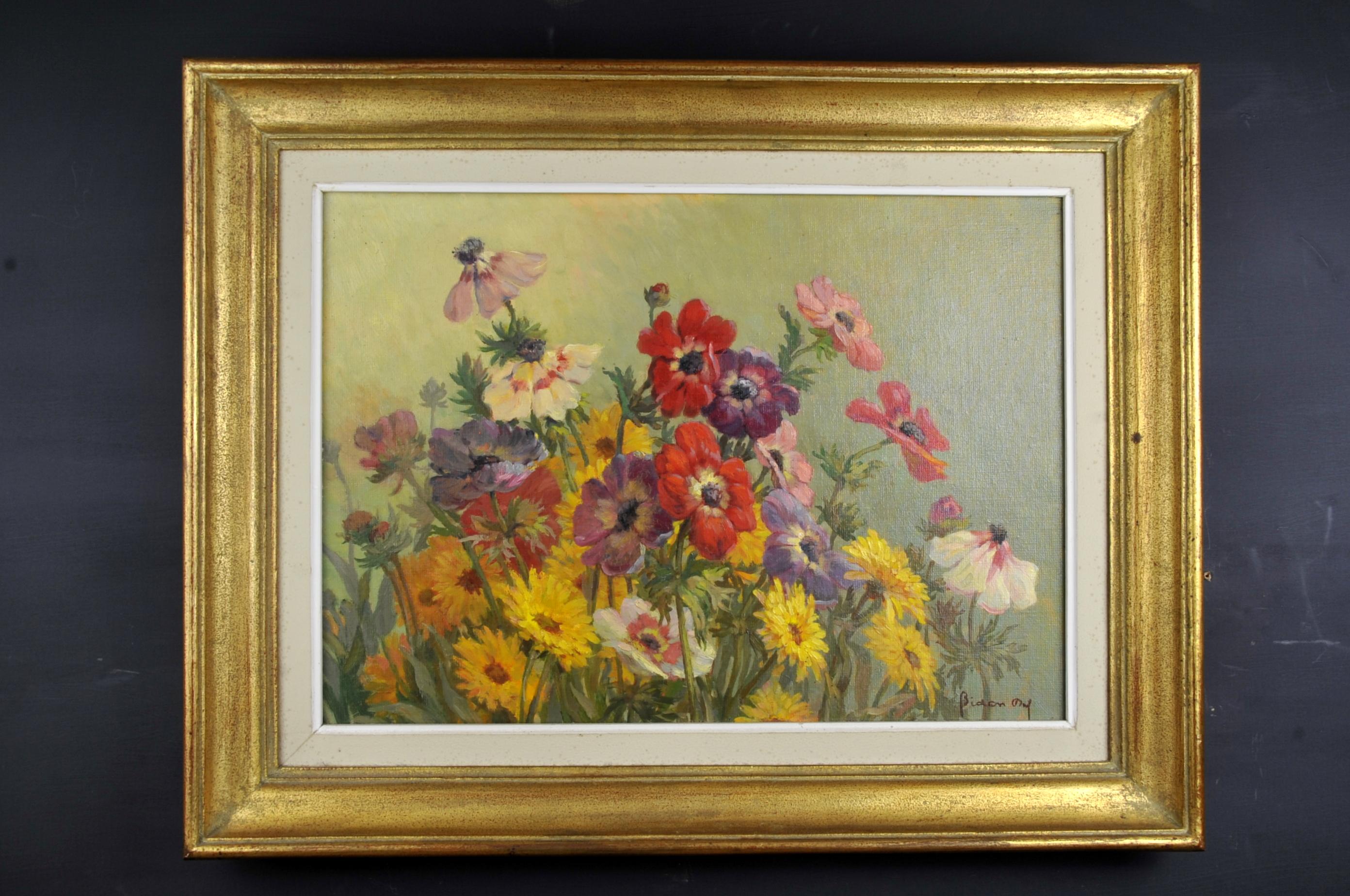 French Daniel Bidon, Oil on Panel, Throw of Flowers For Sale