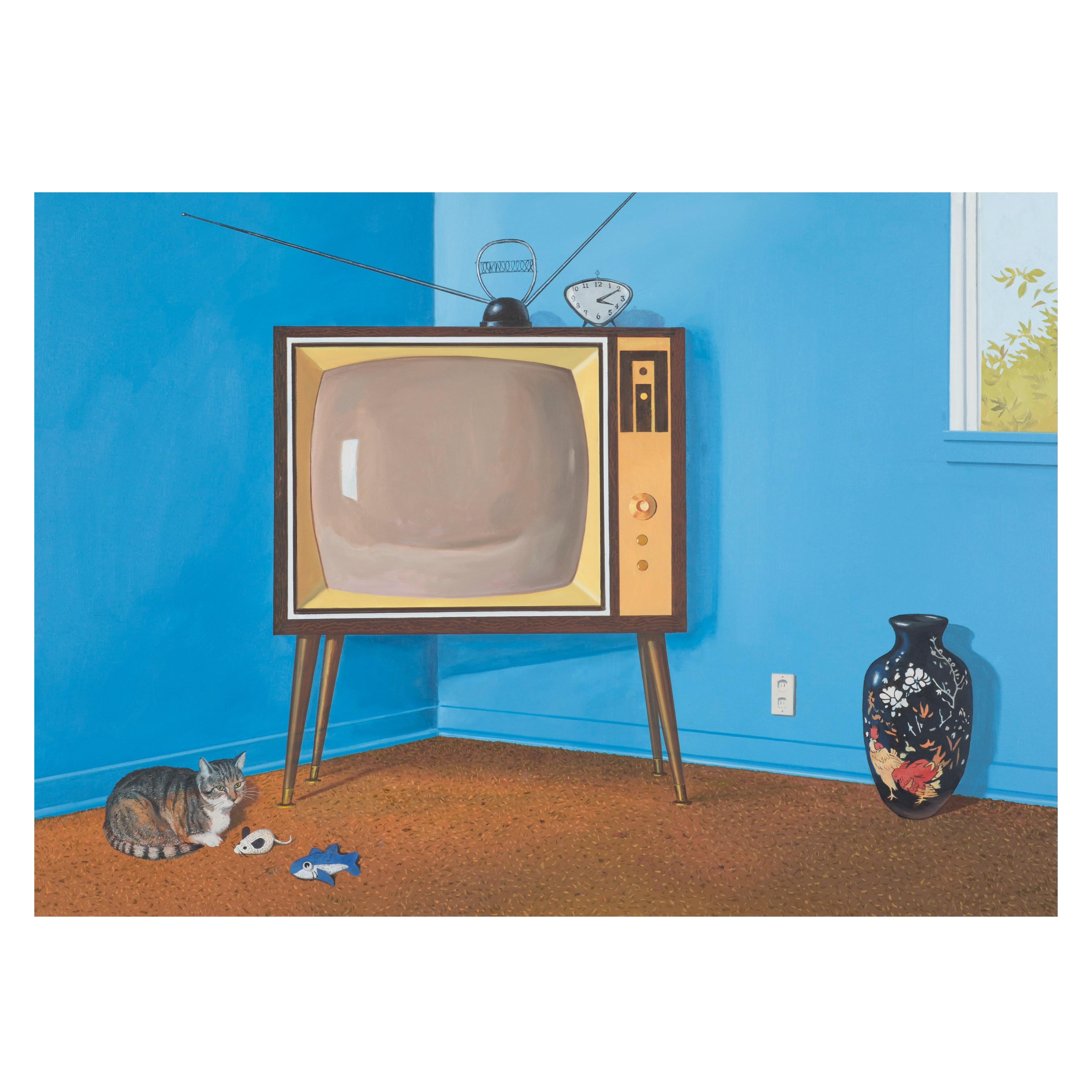 Zeitgenössisches, amerikanisches, blaues, Vintage-Fernsehgerät mit Katze in Mid-Century-Mod-Raum – Painting von Daniel Blagg