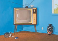 Contemporary, American, Blue, Vintage TV, with Cat in Mid Century Mod Room