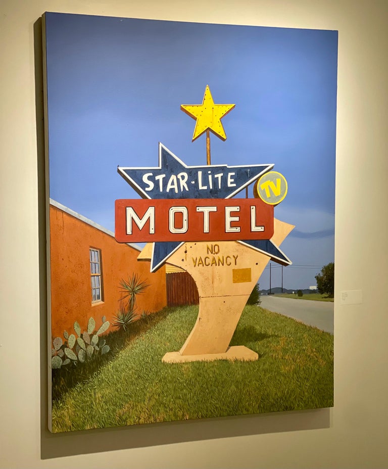Large Contemporary Oil Painting of Americana Themed Rustic Road Sign in Texas - Brown Landscape Painting by Daniel Blagg