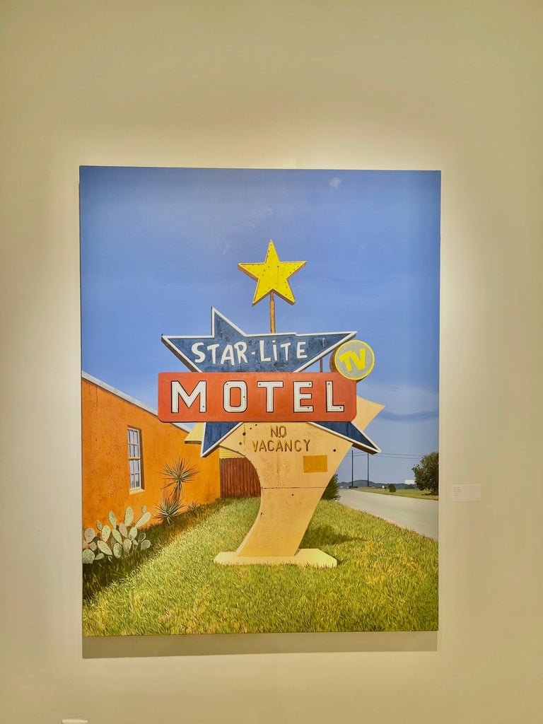 Large Contemporary Oil Painting of Americana Themed Rustic Road Sign in Texas For Sale 1