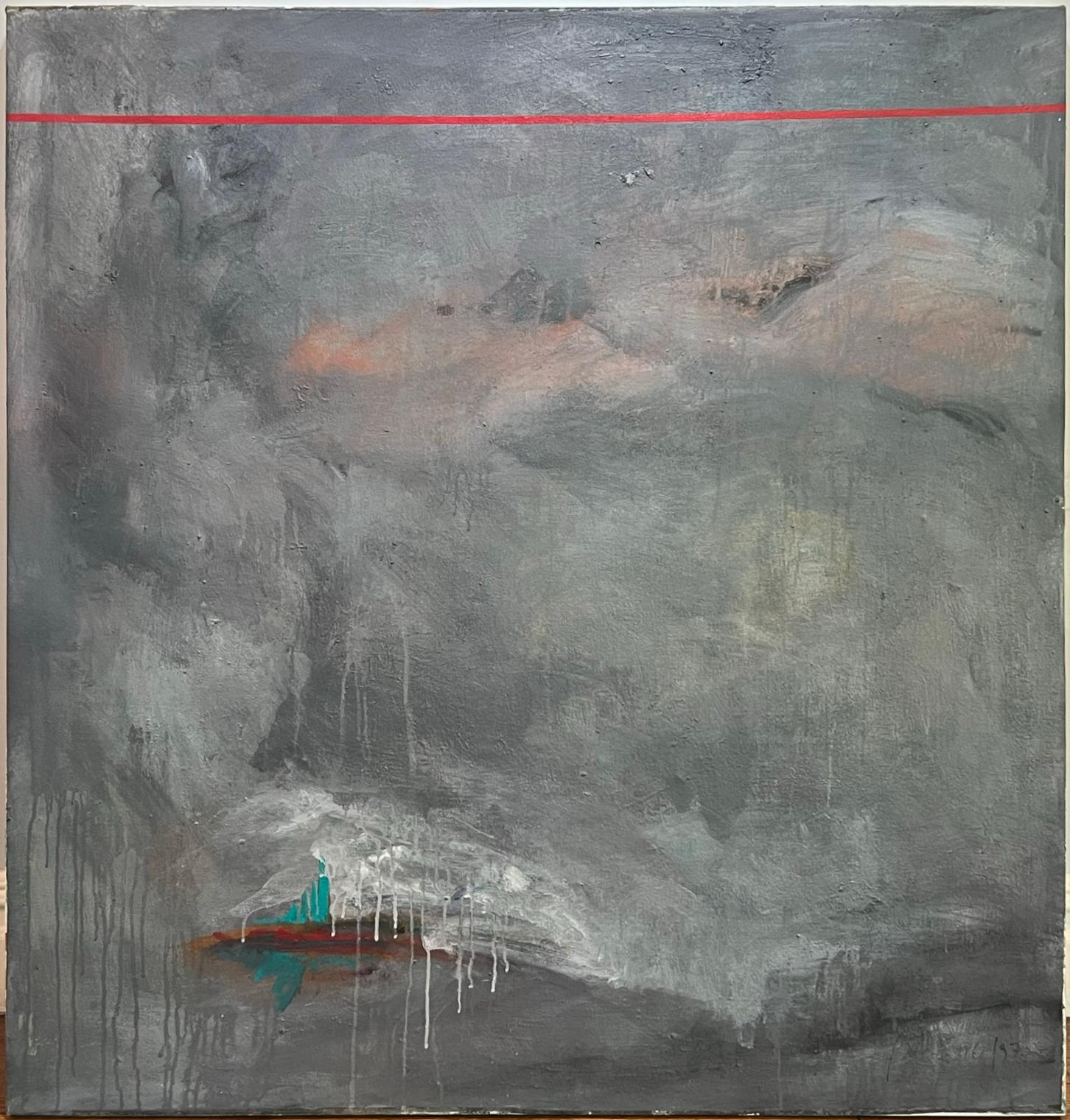 Wir haben ein großes zeitgenössisches abstraktes Gemälde von Daniel Bottero, einem lateinamerikanischen Künstler, zu verkaufen. Es zeigt einen dunklen Hintergrund, ein rotes Band, das horizontal über die Oberseite des Gemäldes verläuft, und
