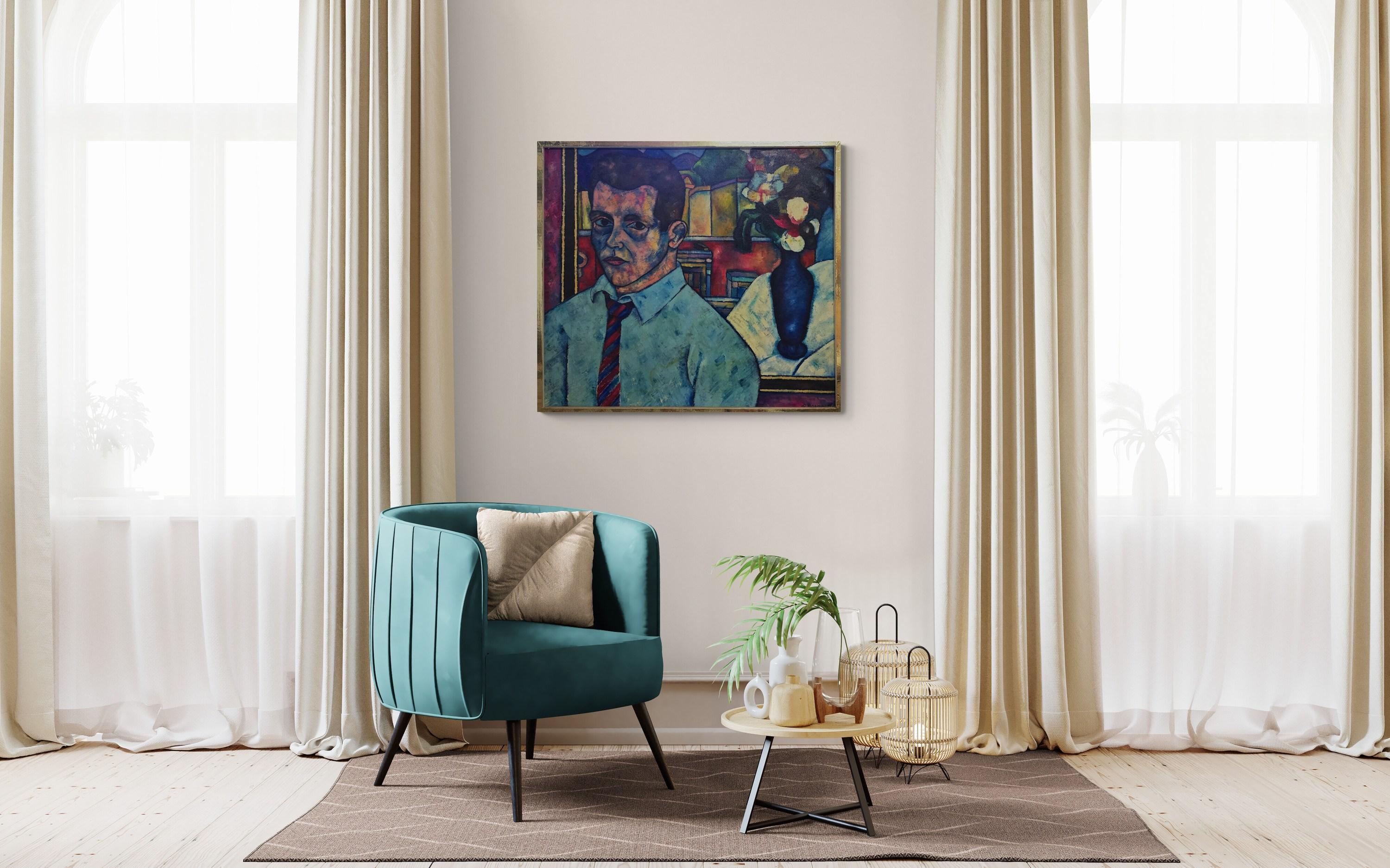 Männliches Porträt mit Stillleben (Mitte des Jahrhunderts, modern, Porträt, farbenfroh, lebendig) (Moderne), Painting, von Daniel Brennan