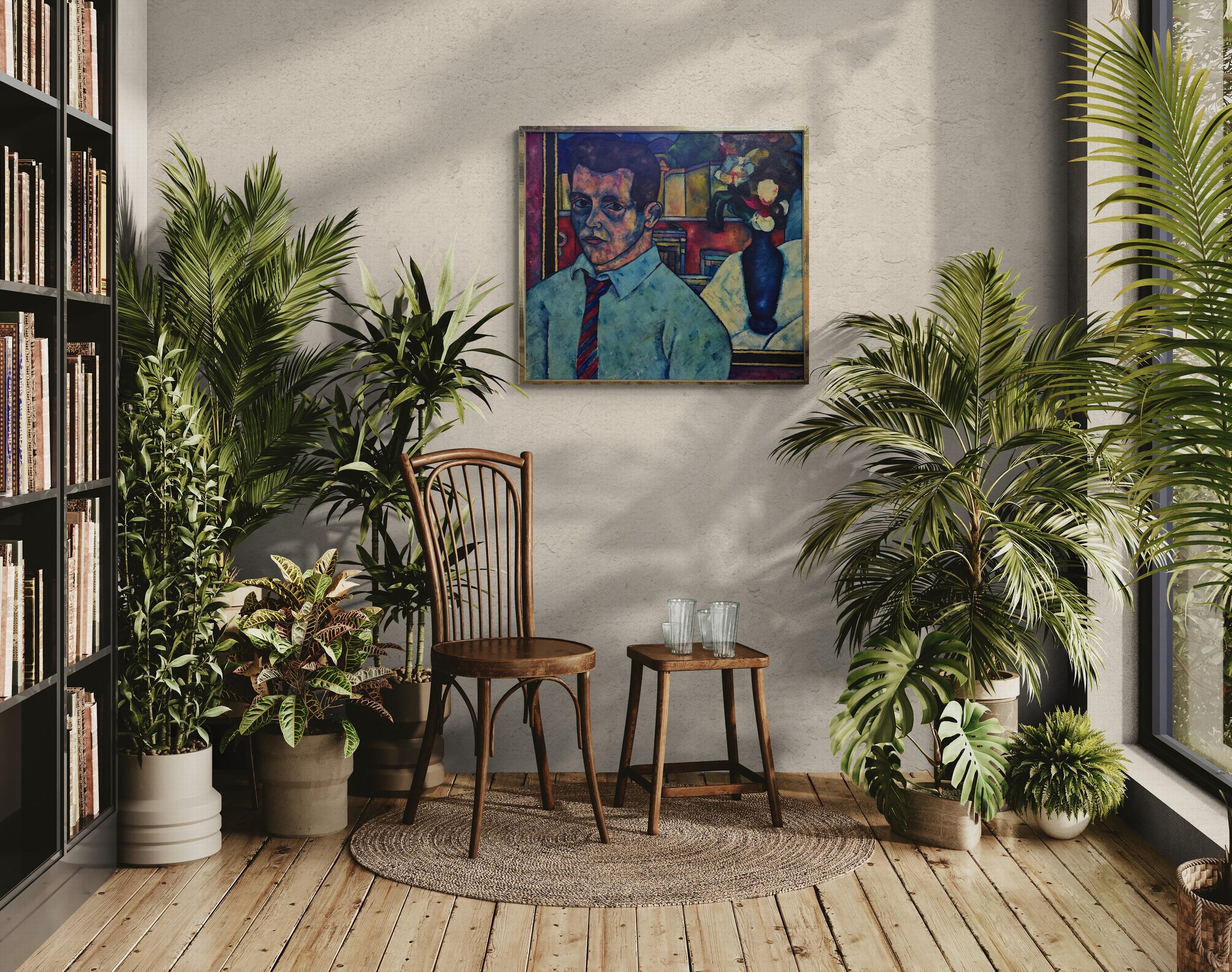 Männliches Porträt mit Stillleben (Mitte des Jahrhunderts, modern, Porträt, farbenfroh, lebendig) (Schwarz), Portrait Painting, von Daniel Brennan