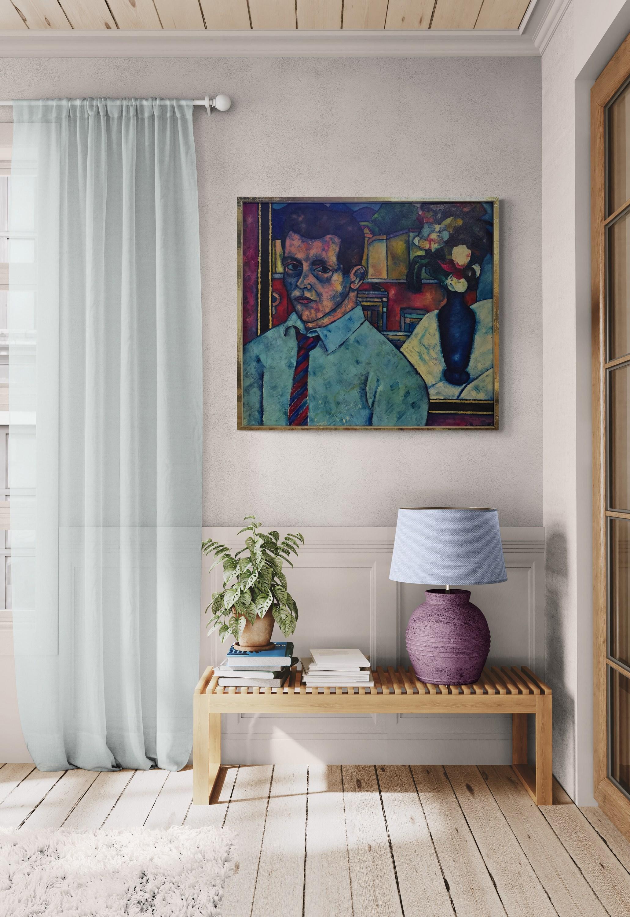 Männliches Porträt mit Stillleben (Mitte des Jahrhunderts, modern, Porträt, farbenfroh, lebendig) im Angebot 1