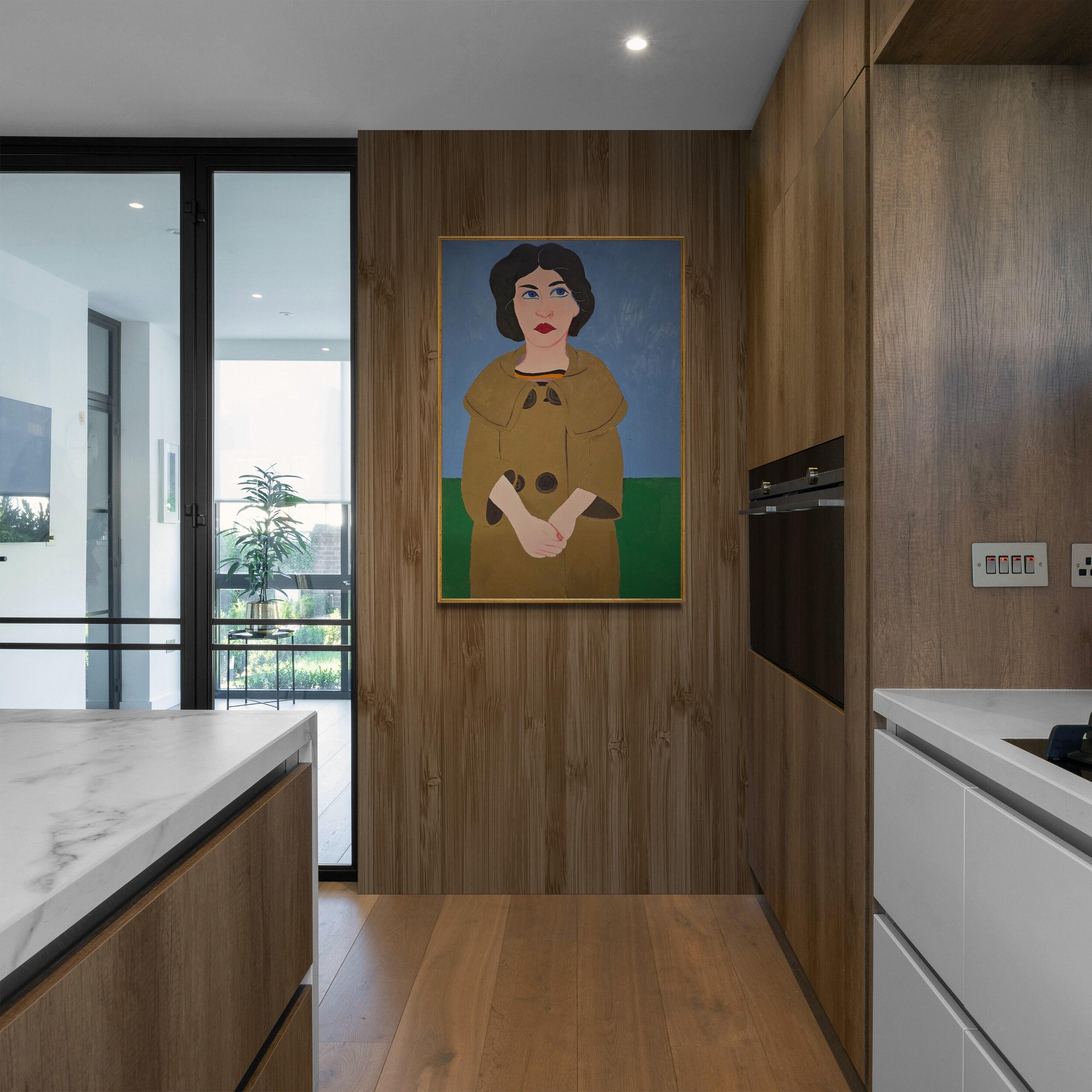 Frau im Mantel (Mitte des Jahrhunderts, Modern, Porträt, Naiv, ~40% OFF LIMITED TIME) (Moderne), Painting, von Daniel Brennan