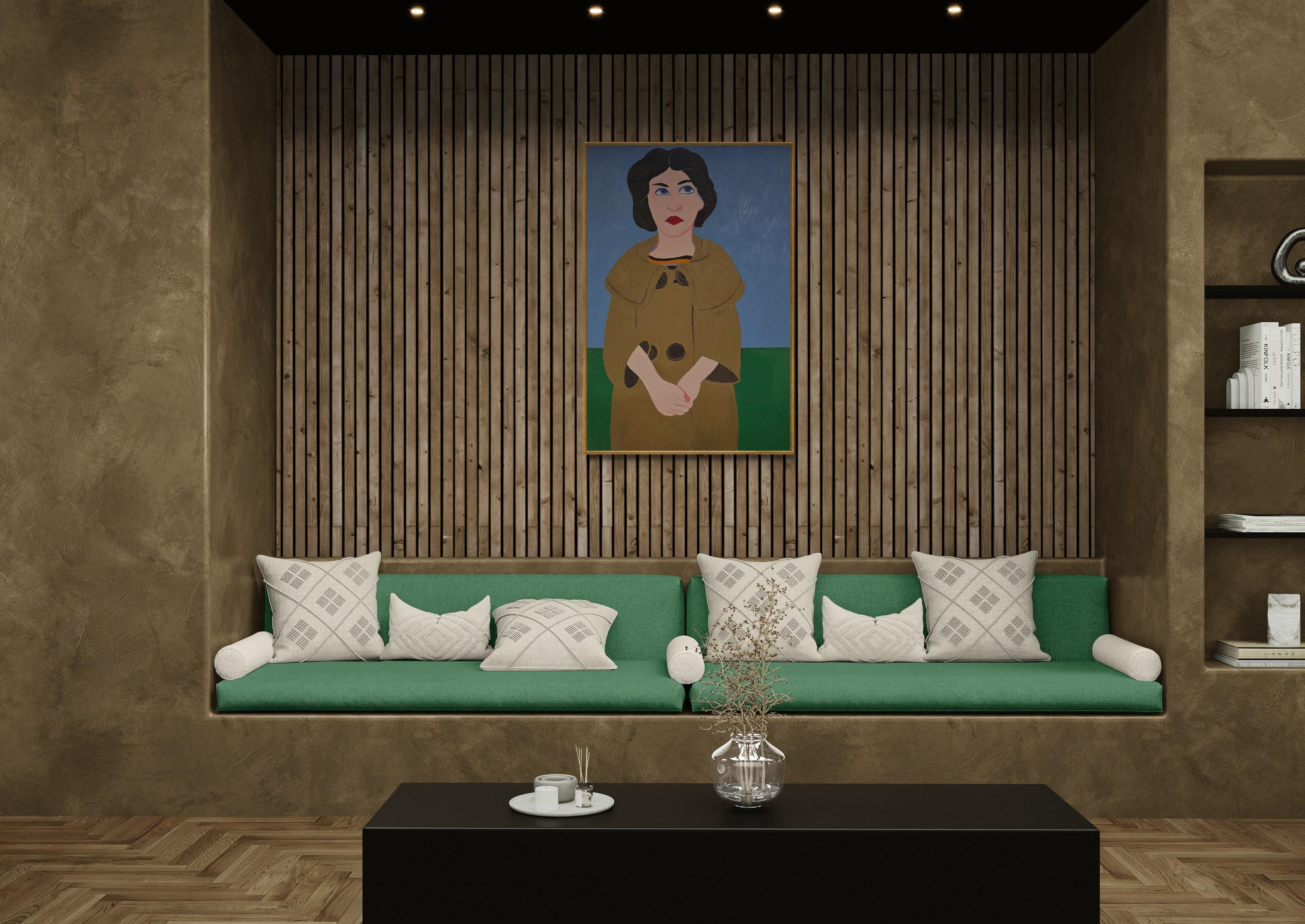 Frau im Mantel (Mitte des Jahrhunderts, Modern, Porträt, Naiv, ~40% OFF LIMITED TIME) (Grau), Portrait Painting, von Daniel Brennan