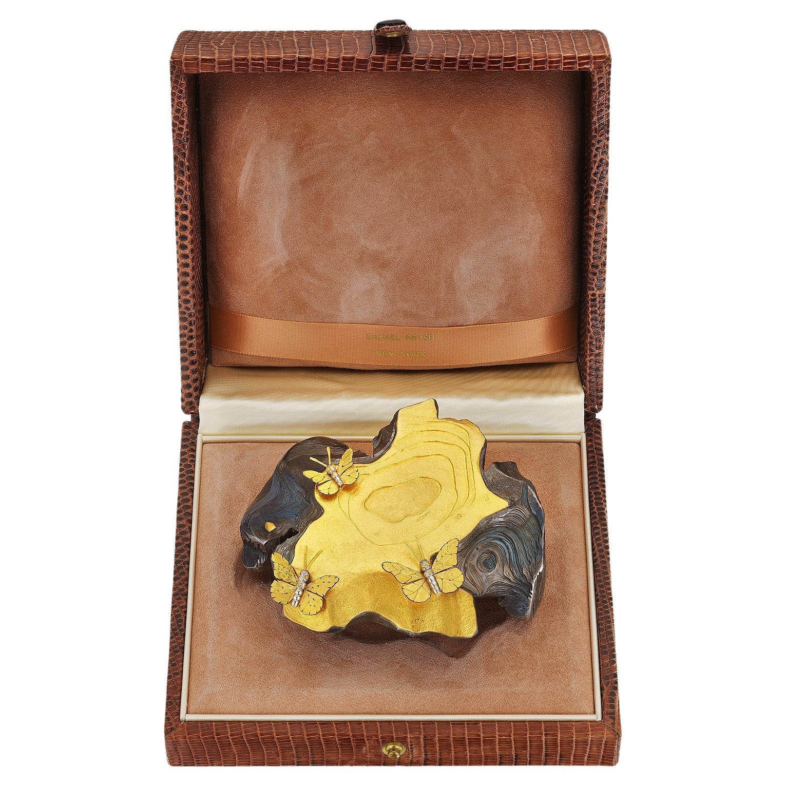 Daniel Brush Steel Gold Water Stone Butterfly Sculpture For Sale