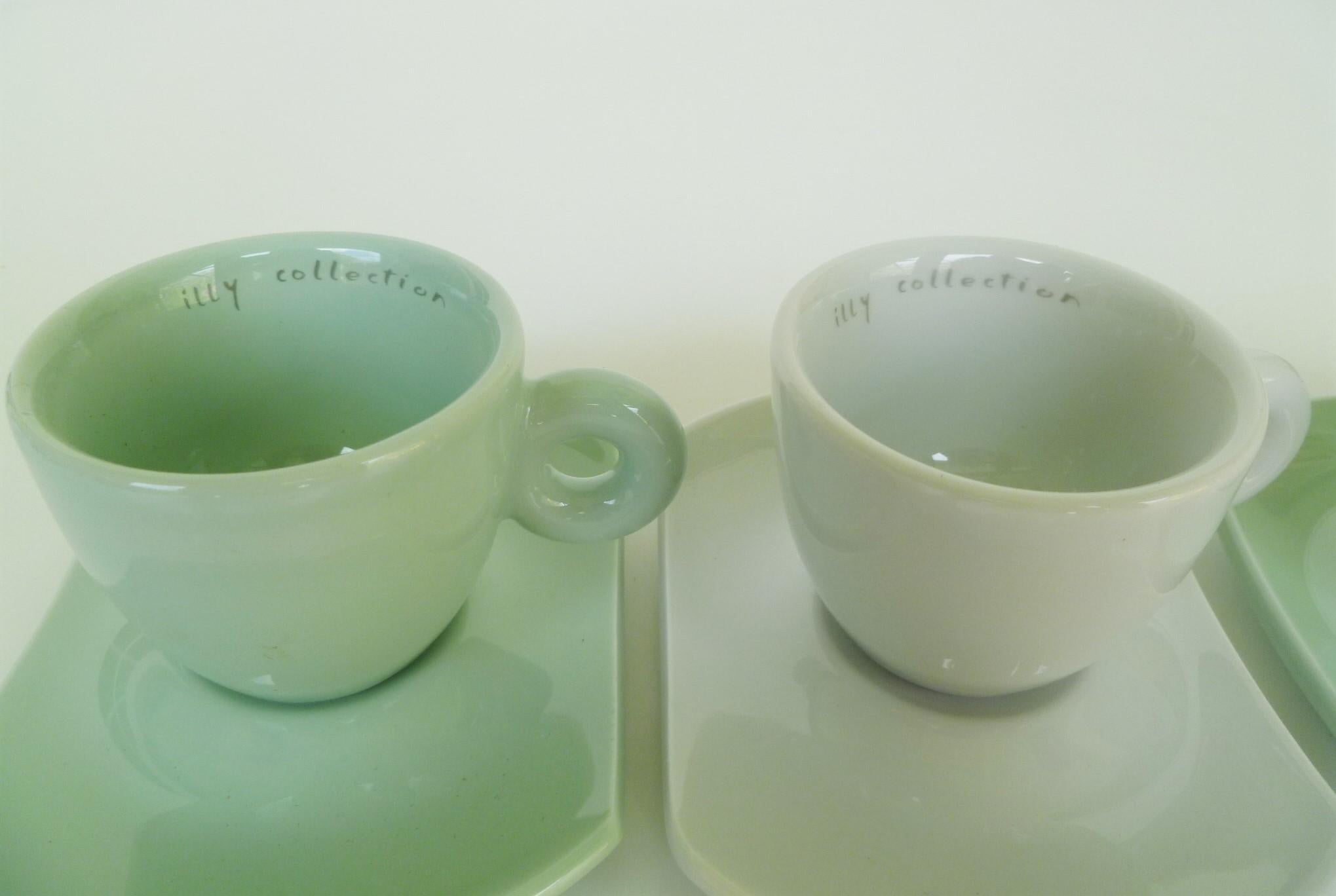 Italian Daniel Buren Illy Collection 2004 Bianco Verde Expresso Cups and Saucers
