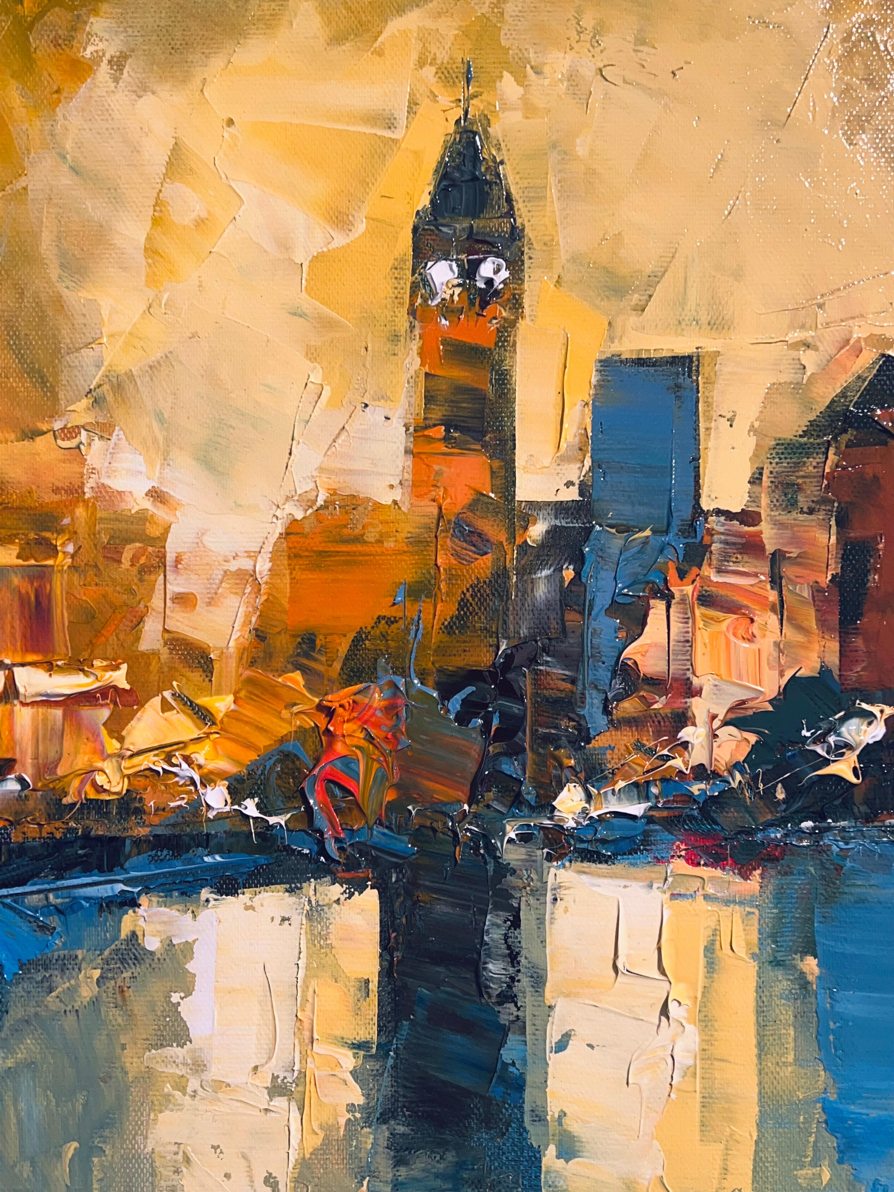 Abstract Elegance of Big Ben-original London cityscape painting-Contemporary Art - Blue Landscape Painting by Daniel Castan