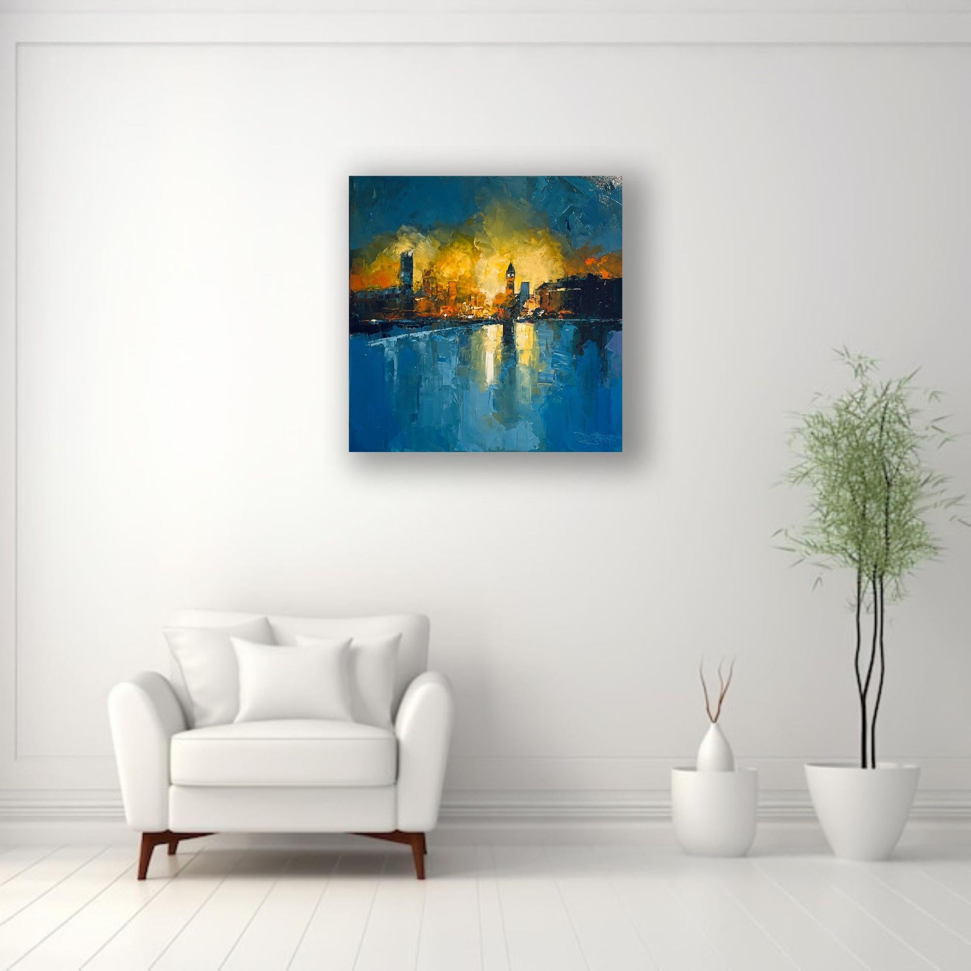 Elegancia abstracta del Big Ben-Pintura original del paisaje urbano de Londres-Arte contemporáneo - Landscape Painting Azul de Daniel Castan