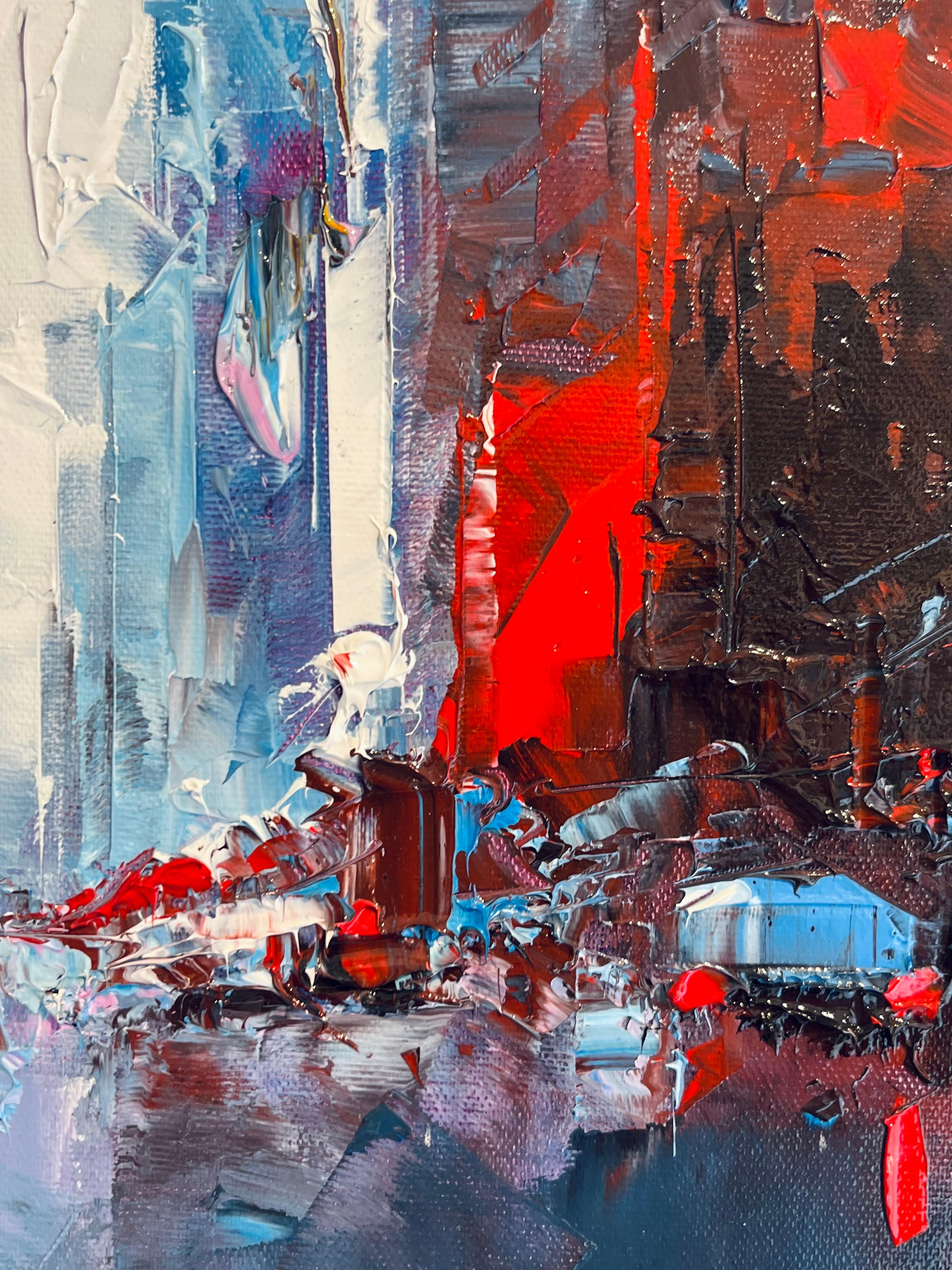 Abstraction lines, NY-original abstract cityscape oil painting- contemporary art - Landscape Painting Gris de Daniel Castan