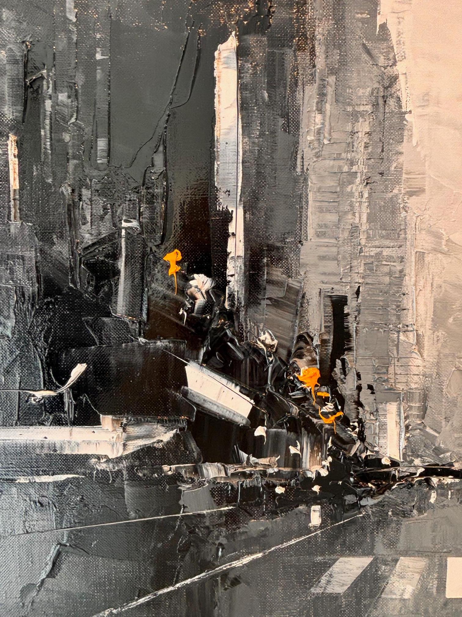 Dieses dynamische Öl auf Leinwand von Daniel Castan ist derzeit in der Signet Contemporary Art Gallery und online zu sehen und zu kaufen.

In Black Manhattan schieben sich hoch aufragende Wolkenkratzer in den weiß gebleichten Himmel und bilden einen