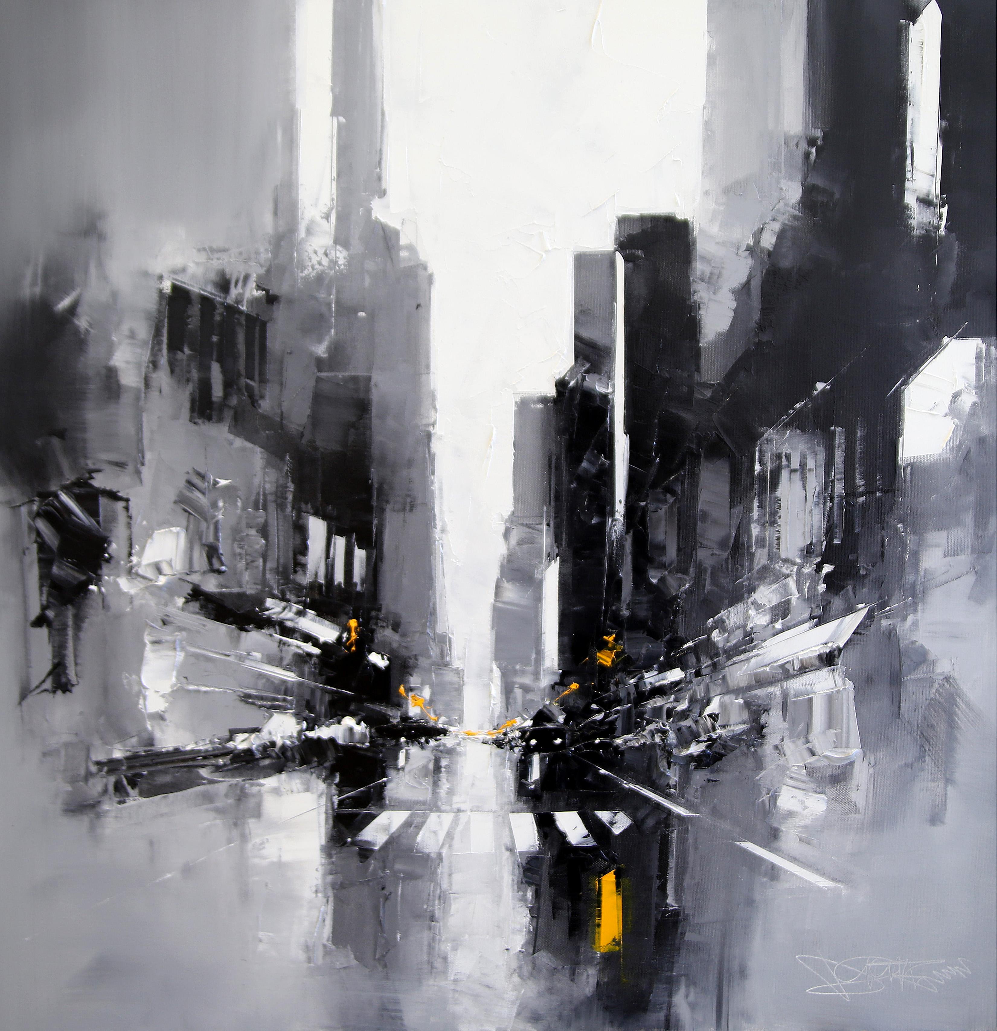 Landscape Painting di Daniel Castan - Tramonto sulla Settima - Paesaggio urbano astratto originale ad olio - Opera d'arte contemporanea