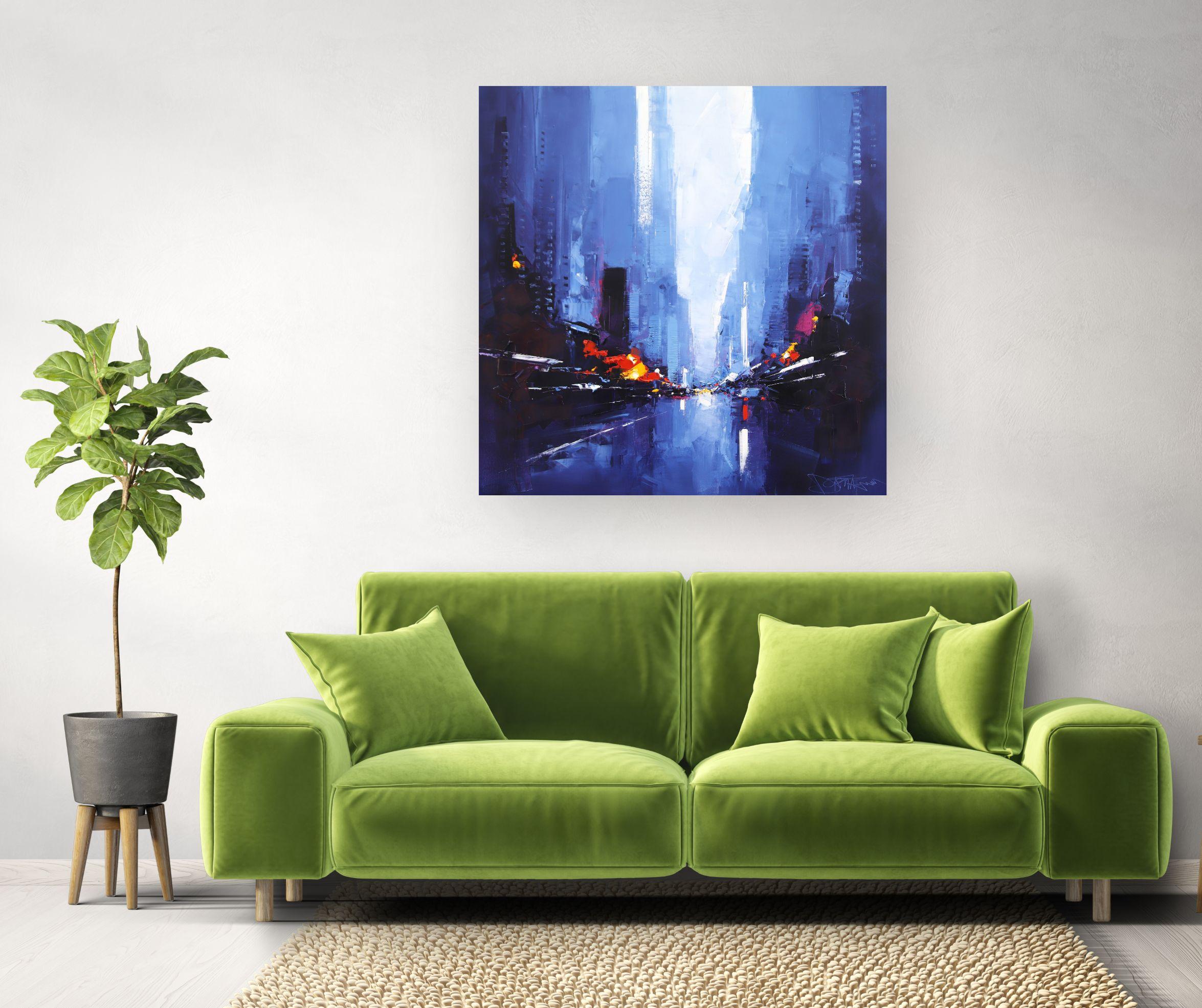 Blue and Lights - Paesaggio urbano astratto originale ad olio - Opera d'arte contemporanea - Painting di Daniel Castan