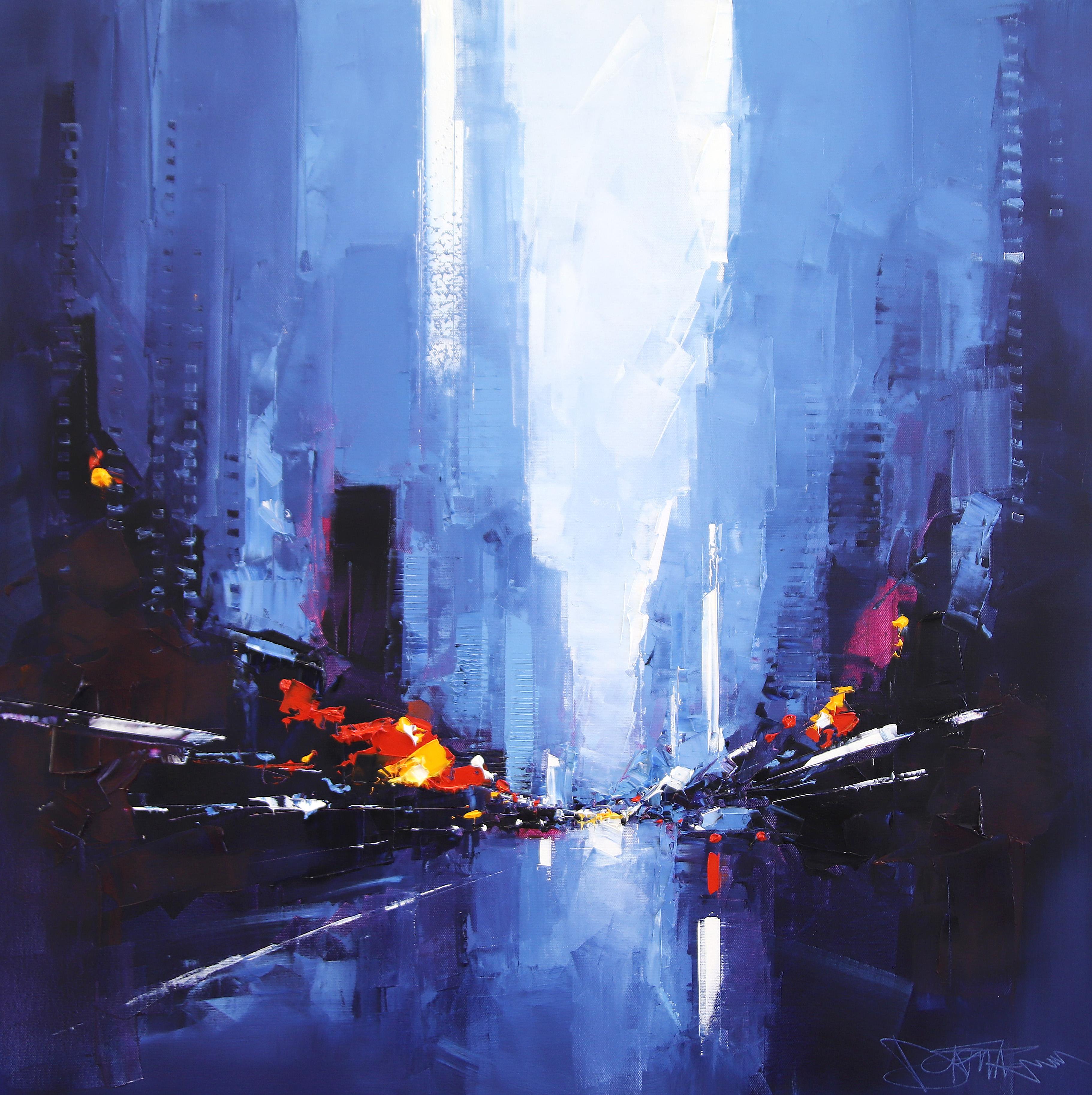 Landscape Painting di Daniel Castan - Blue and Lights - Paesaggio urbano astratto originale ad olio - Opera d'arte contemporanea