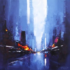 Blau und Lichter - original abstraktes Öl Stadtbild - Zeitgenössisches Kunstwerk