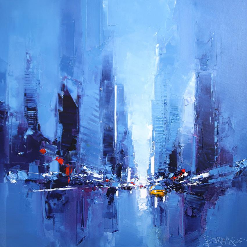 Landscape Painting di Daniel Castan - Broadway Blues - pittura ad olio astratta originale di paesaggio urbano - Opera d'arte contemporanea