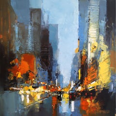 Manhattan Glow - pittura ad olio astratta originale di un paesaggio urbano - Opera d'arte contemporanea